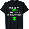 Women This Is My Human Costume I'm Really An Alien Graphic T-Shirt, Funny Green Alien Pixel Slogan Casual Crew Neck Short Sleeve Cotton Top