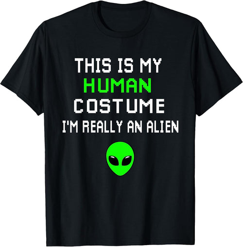 Women This Is My Human Costume I'm Really An Alien Graphic T-Shirt, Funny Green Alien Pixel Slogan Casual Crew Neck Short Sleeve Cotton Top