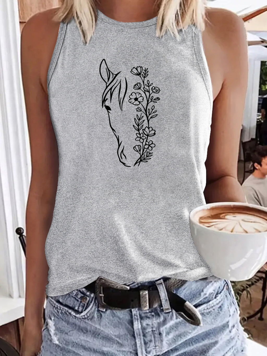 Women's Horse Head Line Art Print Sleeveless Tank Top - Minimalist Cowboy Cactus Sunflower Vest, Round Neck Summer Blouse Top, Machine Washable Casual Streetwear Suitable for Horse Riding & Casual Attire