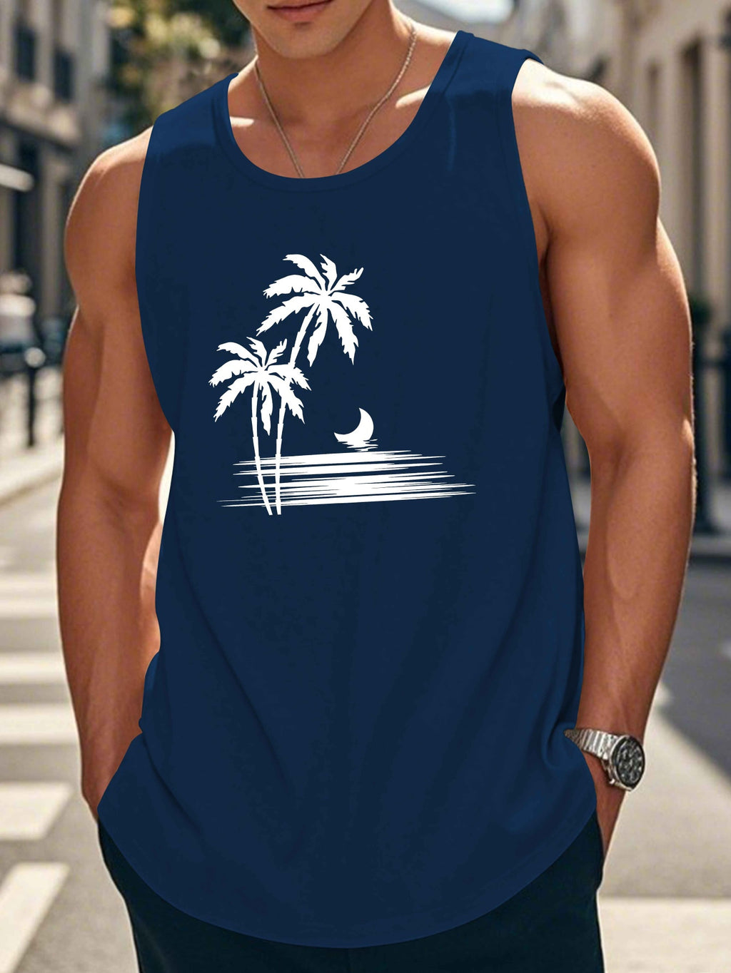 Coconut Tree Moon Men's Casual Summer Vest - Maroon Geometric Palm Tree & Moon Print, Lightweight Breathable Fabric, Regular Fit, Machine Washable, Warm Weather Clothing, Beach Apparel, Tropical Print, Easycare Clothing