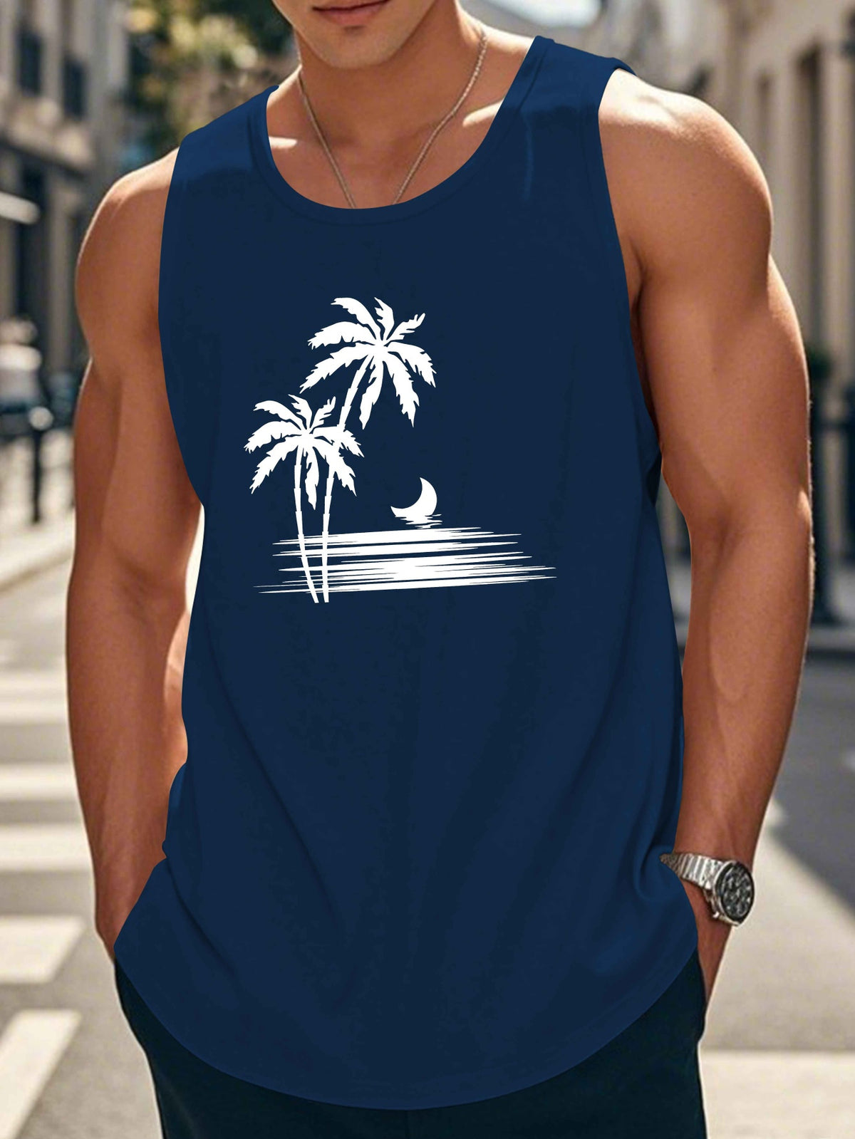 Coconut Tree Moon Men's Casual Summer Vest - Maroon Geometric Palm Tree & Moon Print, Lightweight Breathable Fabric, Regular Fit, Machine Washable, Warm Weather Clothing, Beach Apparel, Tropical Print, Easycare Clothing
