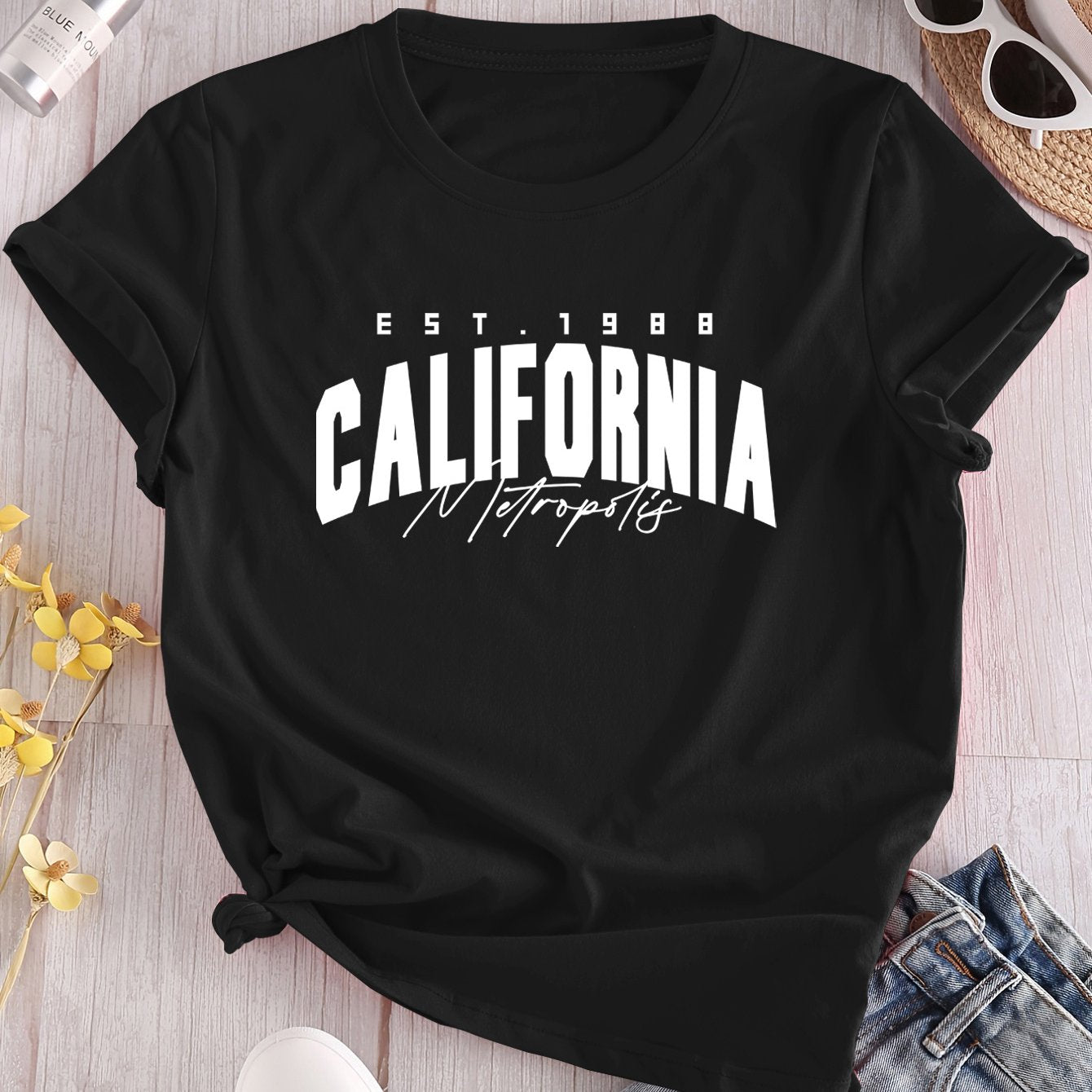 California 1988 Women's Vintage Graphic T-Shirt - Maroon Short Sleeve Round Neck Casual Top with EST.1988 California Print, Slightly Elastic Comfort Fit for Spring Summer Fall, Spring Summer Apparel, Soft Fabric Tee