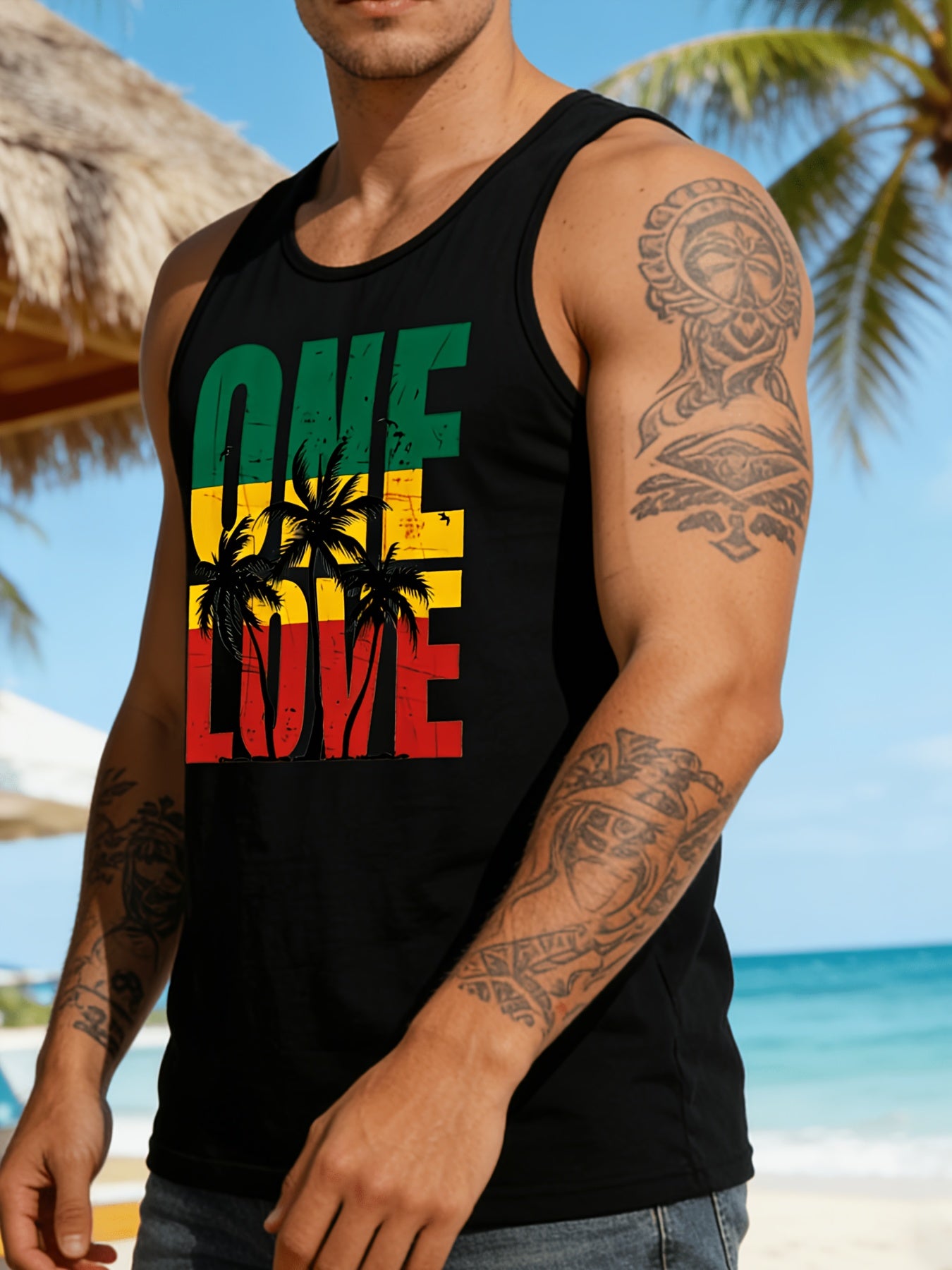 A Men'S Sleeveless Beach Print Round Neck Top, Suitable for Casual Vacations And Sports Workouts, Machine Washable