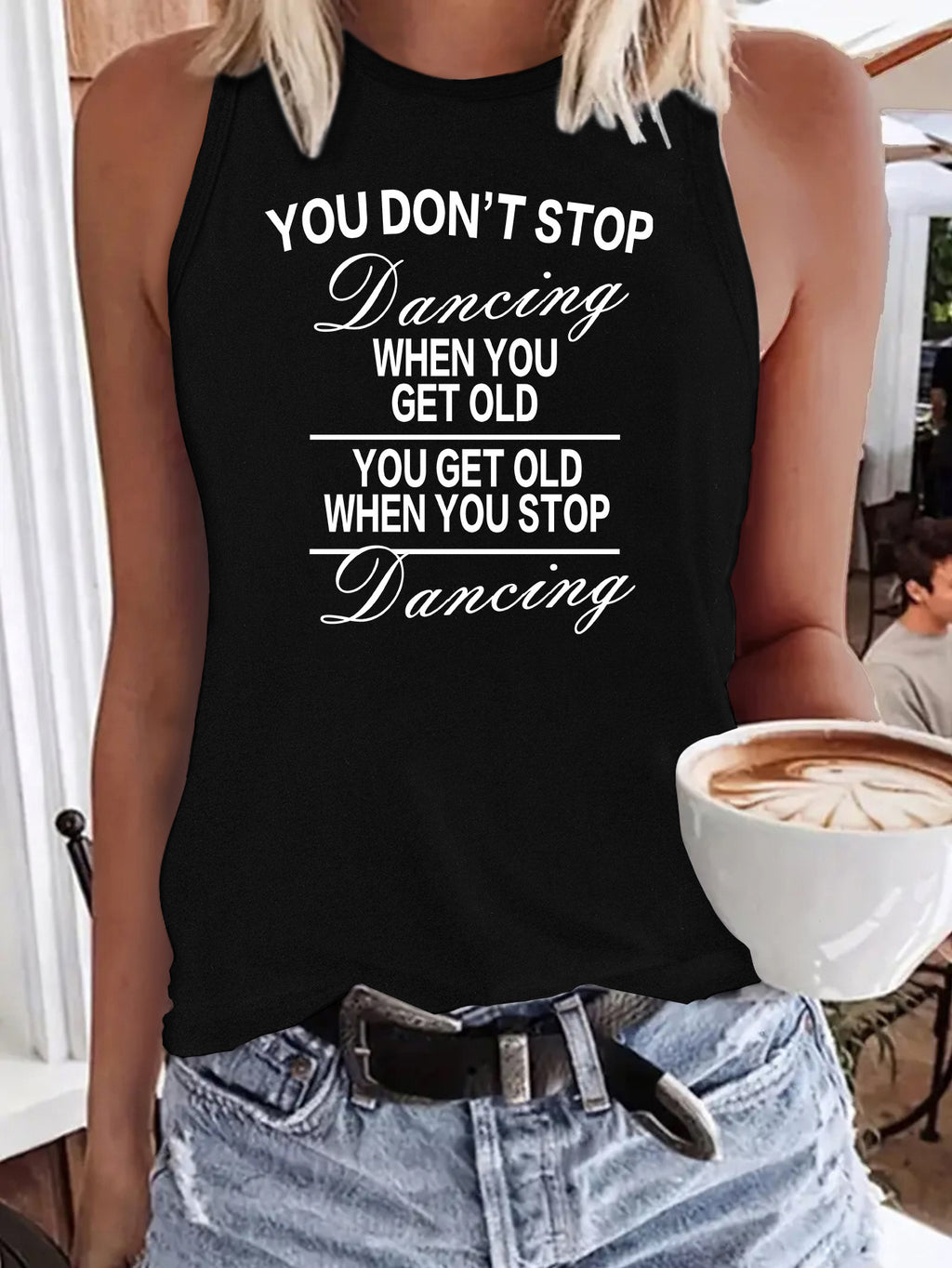You Don' T Stop Dancing Letter Slogan Print Women' S Fashion Tank Top- Casual Sleeveless Crew Neck with Applique Detail, Perfect for Summer