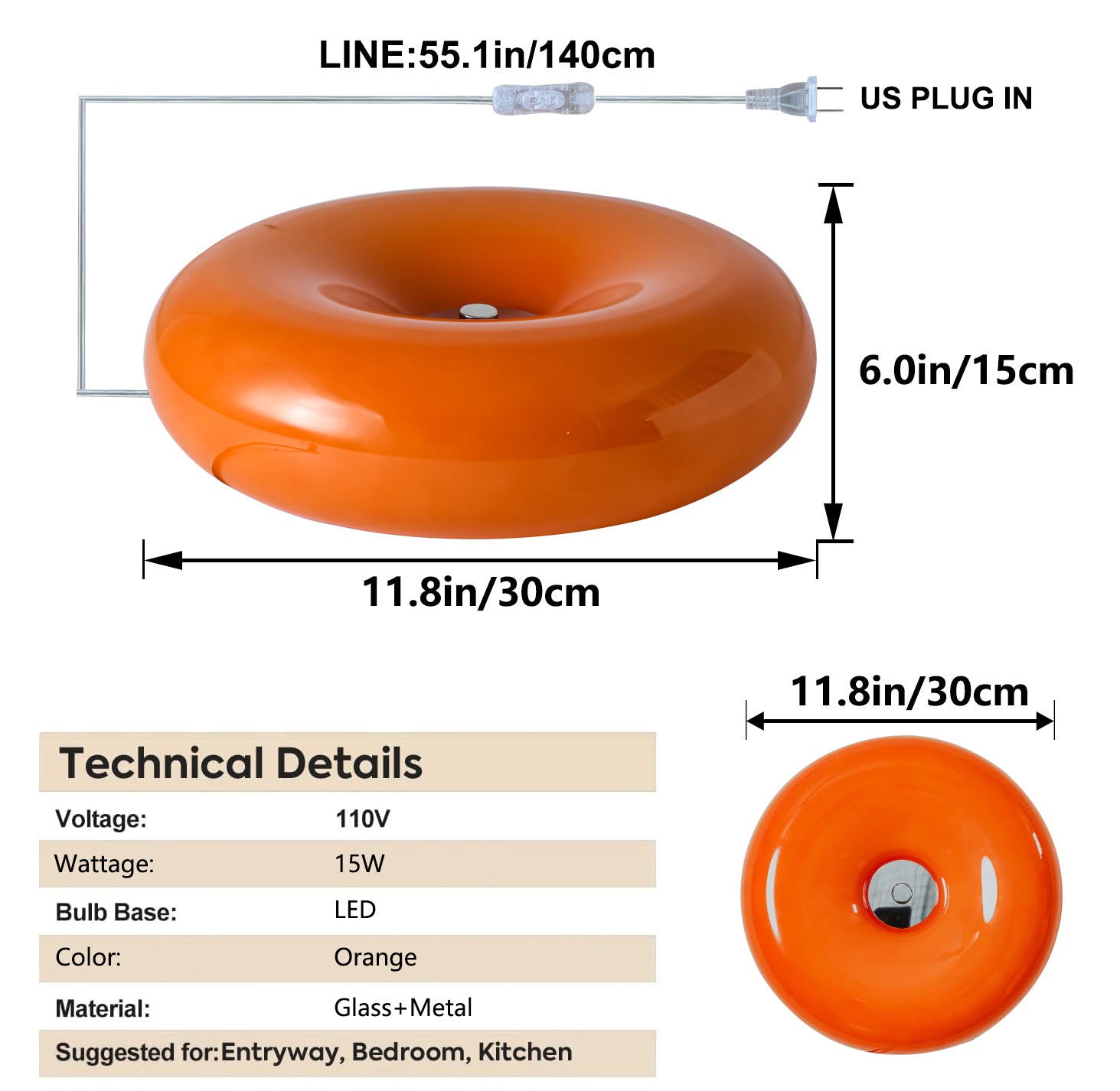 Orange Donut Lamp LED Round Dount Table Lamp or Wall Lamp with Plug In Mushroom Glass Nightlight for Bedsided Bedroom Wall Art Deco