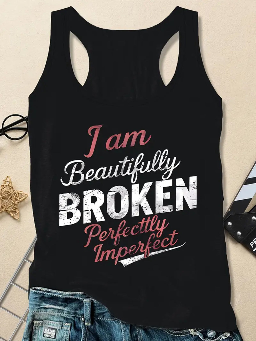 This Sleeveless Tank Top Features The Phrase 'I Am Beautiful, Broken, Imperfect, Not Perfect'. Made From, It'S a Summer Essential That Is Machine Washable, Designed for Women