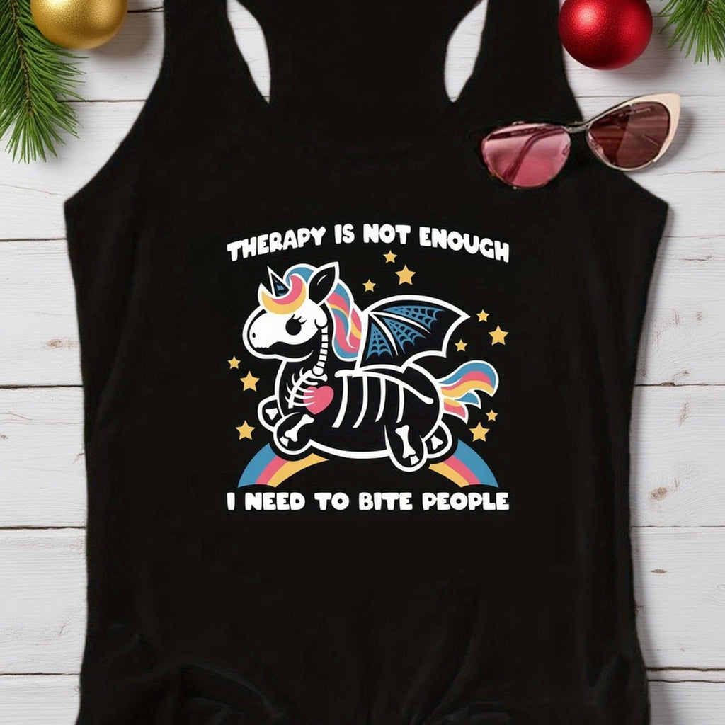 Women Funny Skeleton Unicorn Racerback Tank Top, Therapy Is Not Enough I Need To Bite People Graphic Tank, Sleeveless Cotton Casual Vest