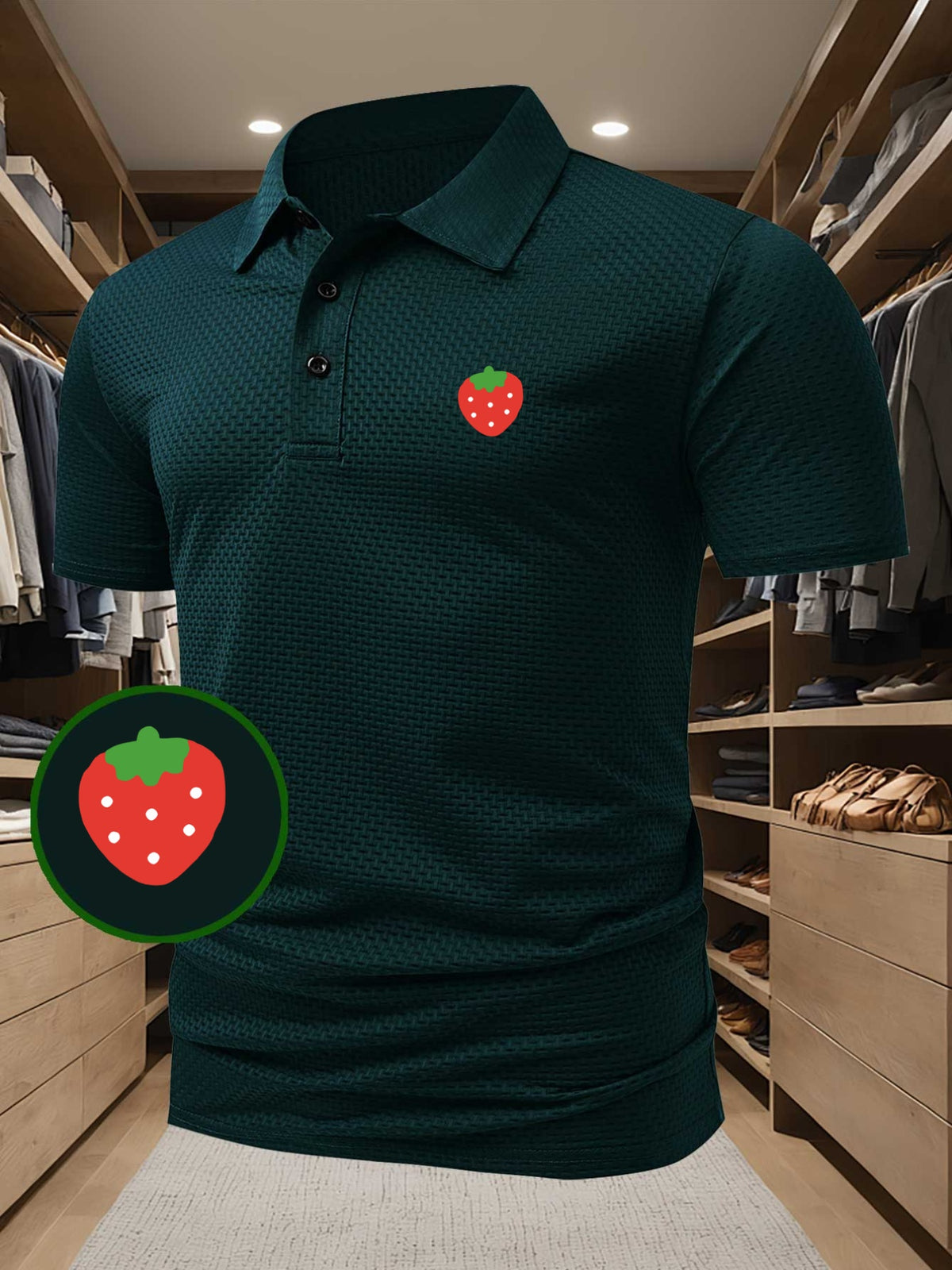 High-quality Men's Casual Polo Shirt with Strawberry Pattern Print, Sweat-wicking and Quick-drying Short-sleeve Top. Combines the Style of a T-shirt, Ideal for Gifting, Suitable for Both Business and Casual Wear