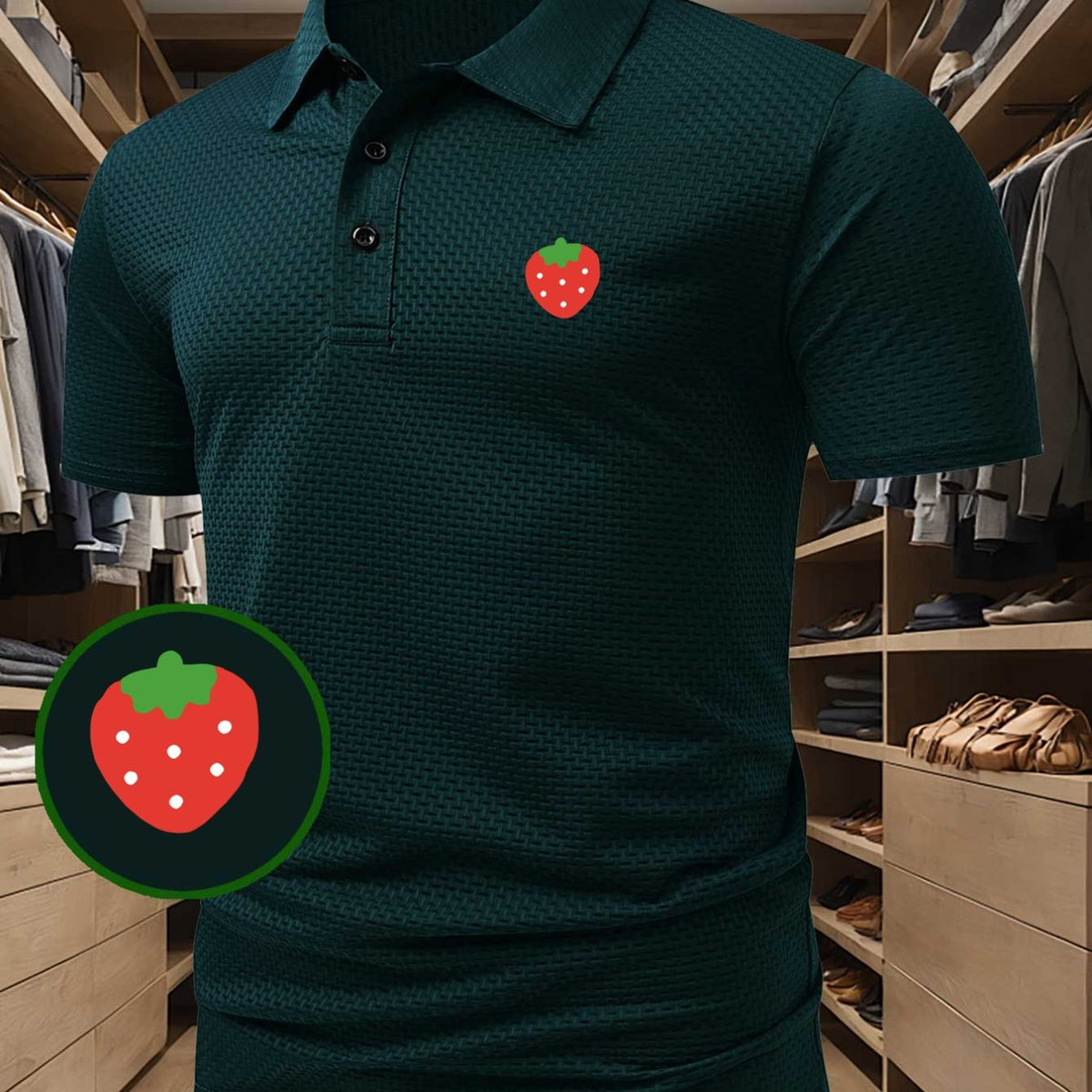High-quality Men's Casual Polo Shirt with Strawberry Pattern Print, Sweat-wicking and Quick-drying Short-sleeve Top. Combines the Style of a T-shirt, Ideal for Gifting, Suitable for Both Business and Casual Wear