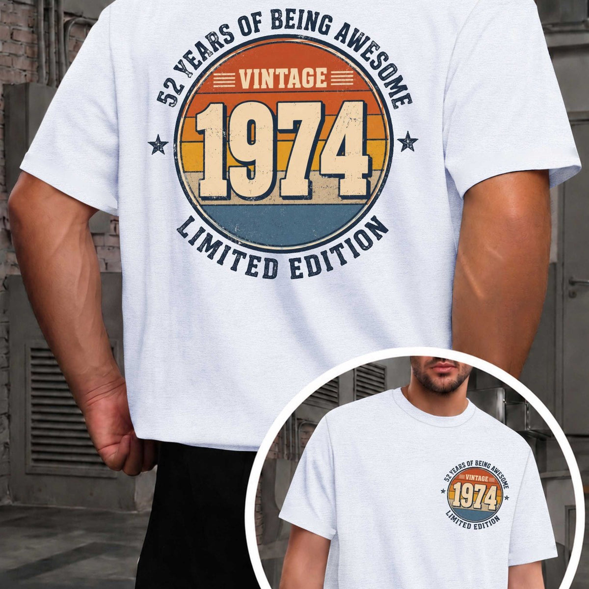 Men's Vintage 1974 Limited Edition T-Shirt - Retro 1974 Print Round Neck Casual Tee, Suitable for Year-Round Wear, Machine Washable Apparel with Original Markings, Nostalgic Gift for Everyday Use & Special Occasions
