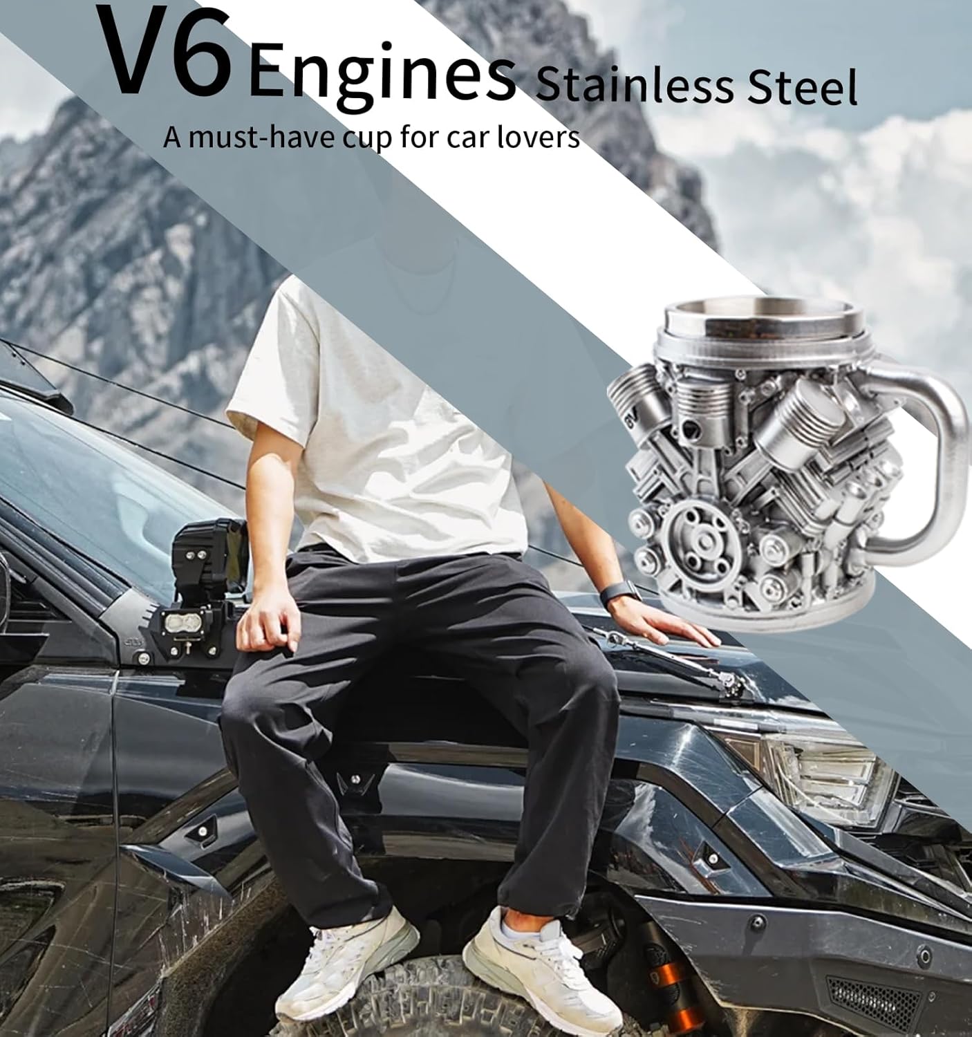 V6 Engines Stainless Steel Coffee Cup, 14 OZ Coffee Mug With Handle, Car V6 Engine Design Coffee Cup, Unique Heavy-duty Metal Cup Gift for Car Enthusiasts