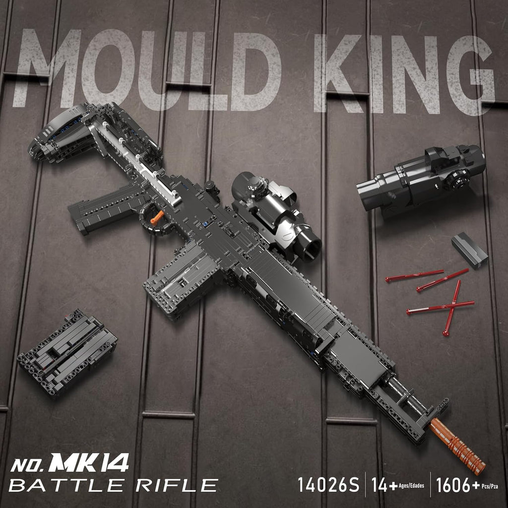 Mould King 1:1 MK14 Building Blocks Gun Model with Shooting Function, 14026 Military Model Construction Kit for Adult, Collectible Set Toys Gifts for Youth, 1606 PCS