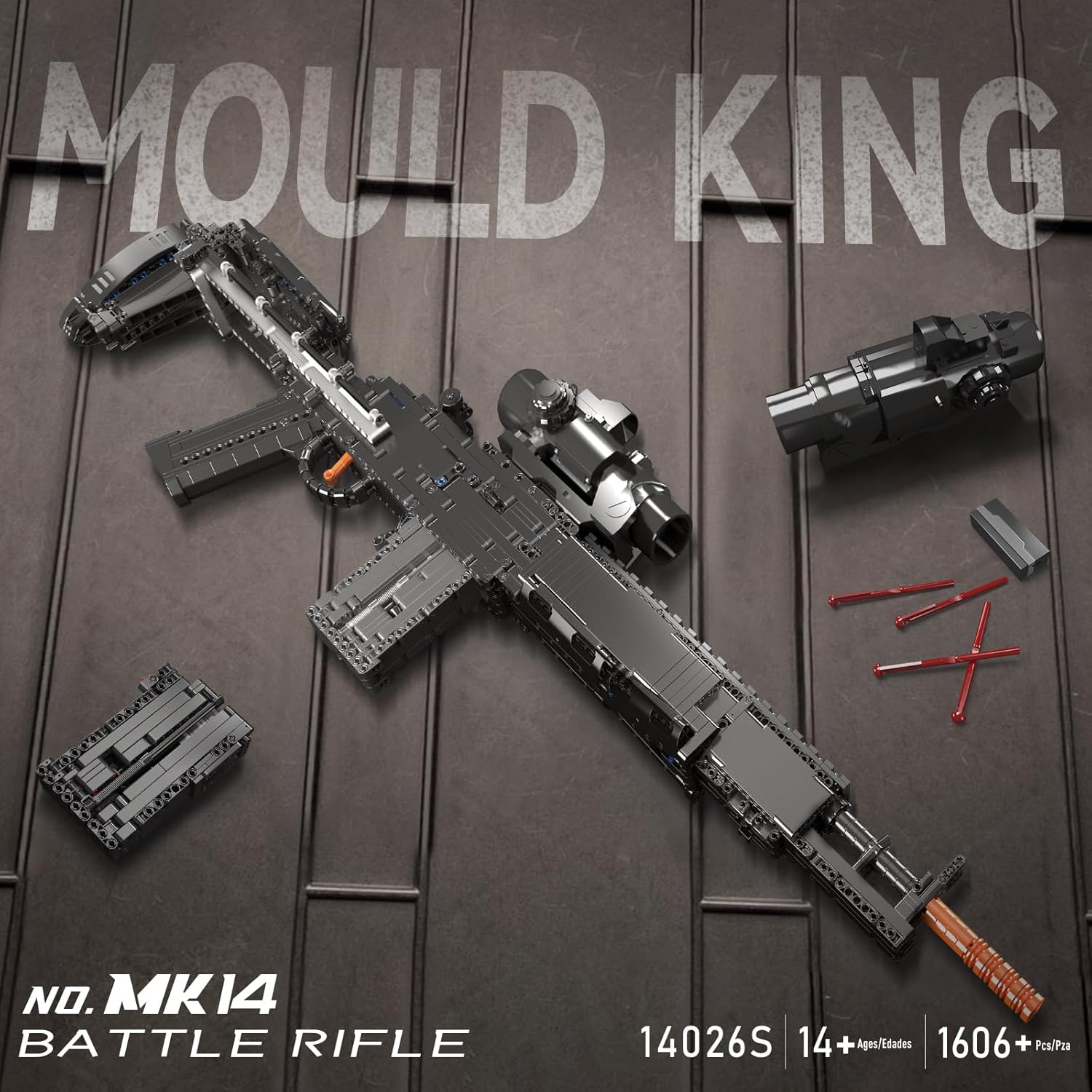 Mould King 1:1 MK14 Building Blocks Gun Model with Shooting Function, 14026 Military Model Construction Kit for Adult, Collectible Set Toys Gifts for Youth, 1606 PCS