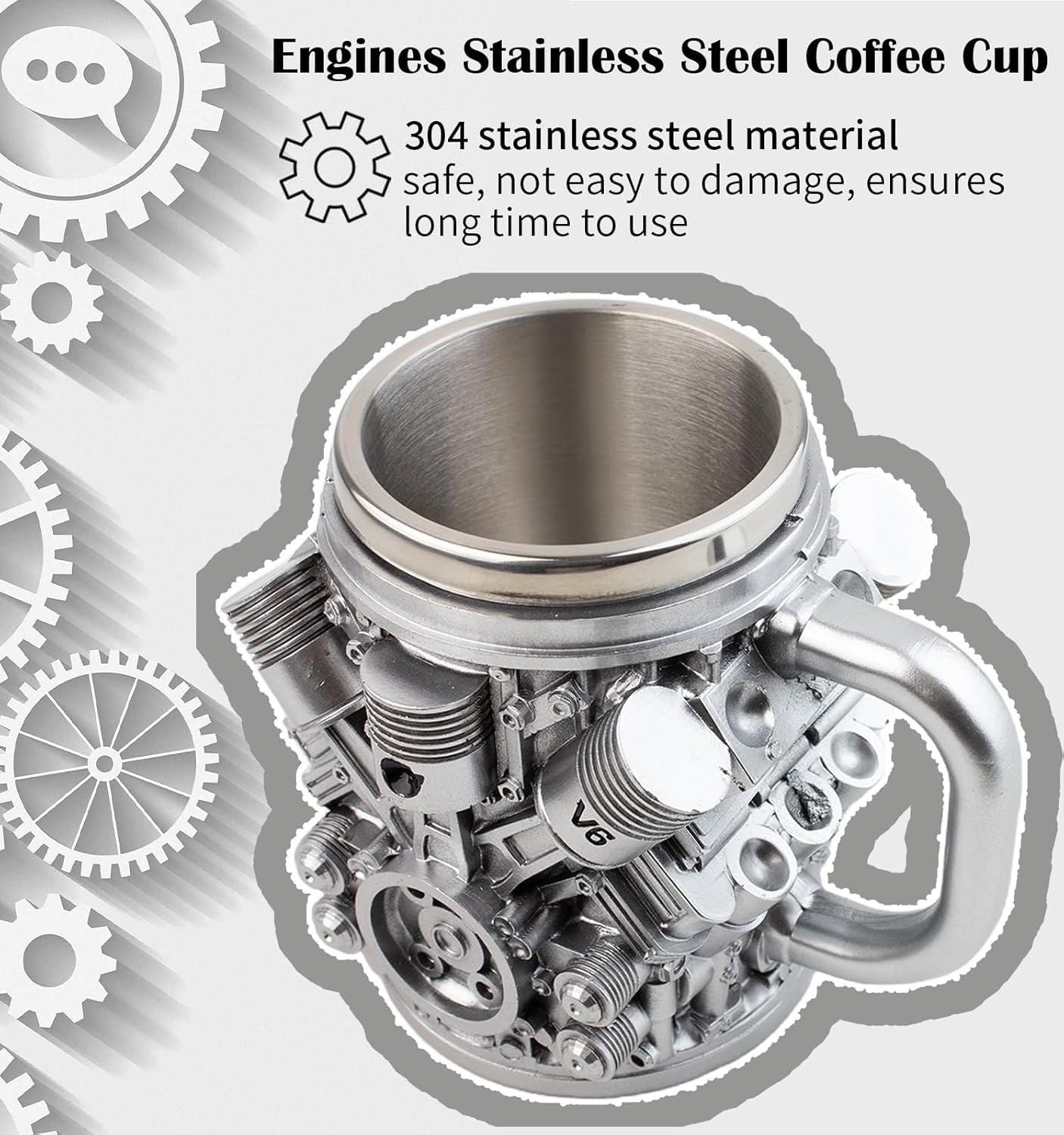 V6 Engines Stainless Steel Coffee Cup, 14 OZ Coffee Mug With Handle, Car V6 Engine Design Coffee Cup, Unique Heavy-duty Metal Cup Gift for Car Enthusiasts