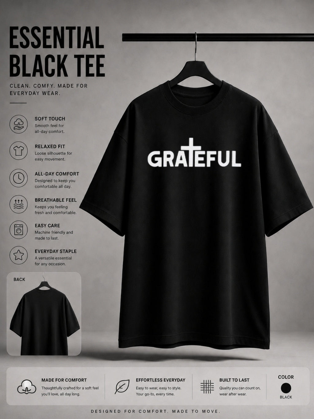 Casual Religious Style, Men's T-Shirt, Grateful Cross Text Design, Daily Wear Summer Season, Gift for Christian Men Believers PLUS SIZE, PLUS SIZE