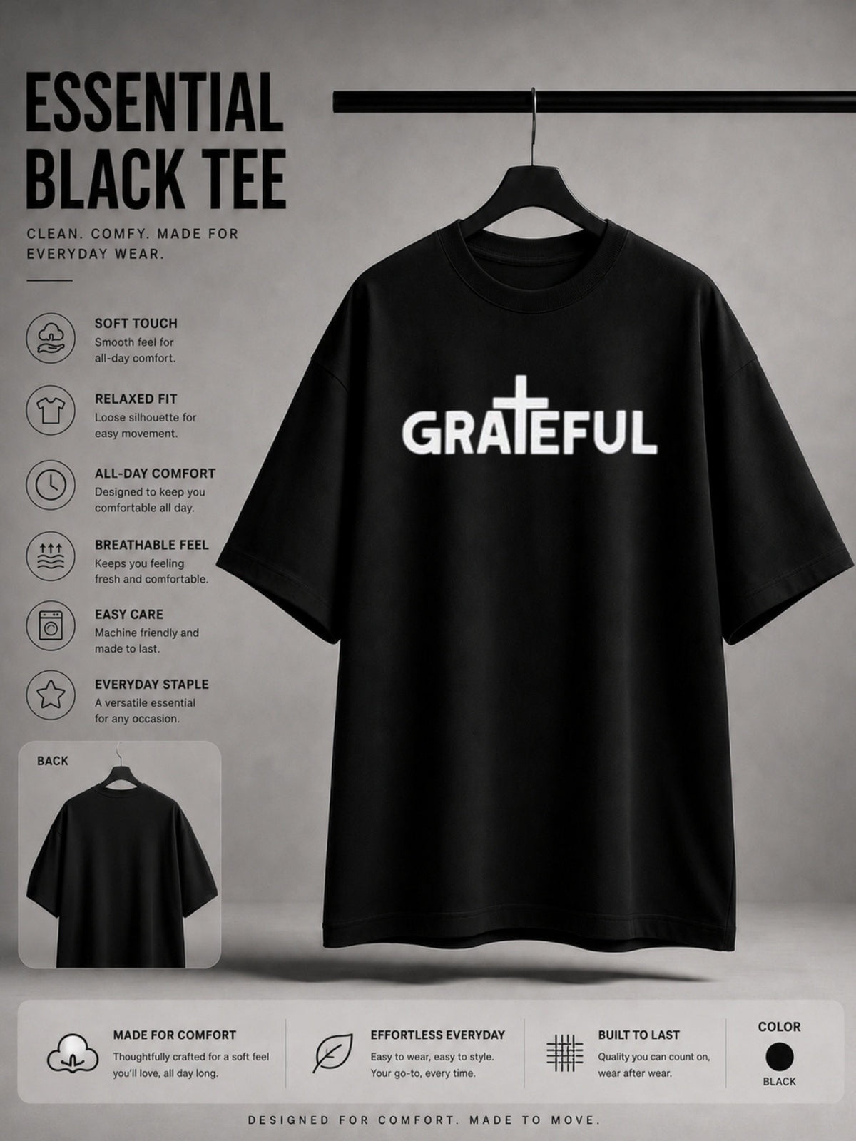 Casual Religious Style, Men's T-Shirt, Grateful Cross Text Design, Daily Wear Summer Season, Gift for Christian Men Believers PLUS SIZE, PLUS SIZE
