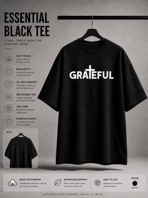 Casual Religious Style, Men's T-Shirt, Grateful Cross Text Design, Daily Wear Summer Season, Gift for Christian Men Believers PLUS SIZE, PLUS SIZE
