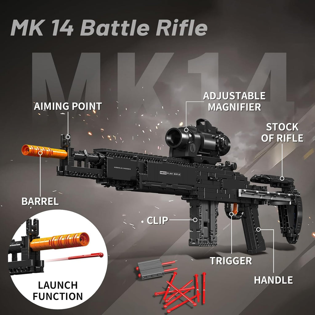 Mould King 1:1 MK14 Building Blocks Gun Model with Shooting Function, 14026 Military Model Construction Kit for Adult, Collectible Set Toys Gifts for Youth, 1606 PCS