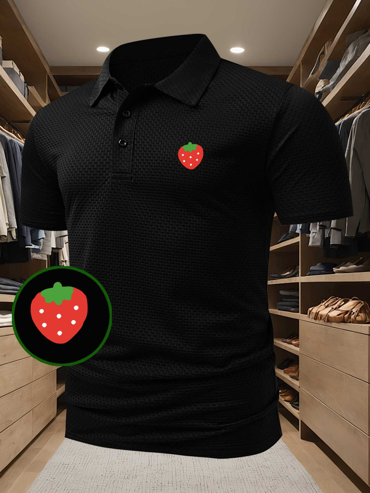 High-quality Men's Casual Polo Shirt with Strawberry Pattern Print, Sweat-wicking and Quick-drying Short-sleeve Top. Combines the Style of a T-shirt, Ideal for Gifting, Suitable for Both Business and Casual Wear
