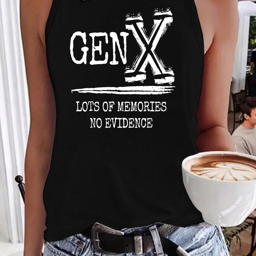 Gen X In My Defense You Left Letter Slogan Print Women' S Fashion Tank Top- Casual Sleeveless Crew Neck with Applique Detail, Perfect for Summer