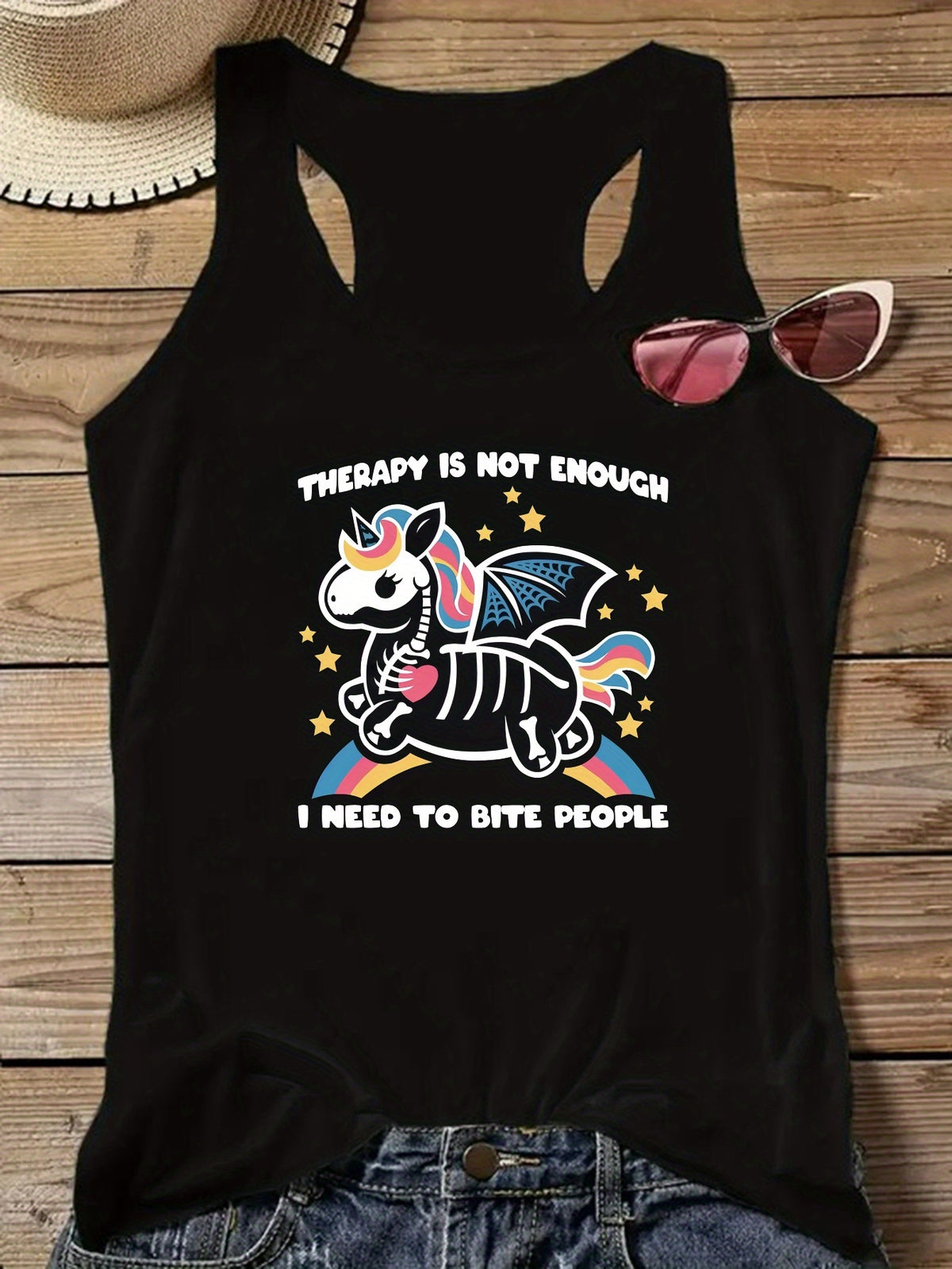 Women Funny Skeleton Unicorn Racerback Tank Top, Therapy Is Not Enough I Need To Bite People Graphic Tank, Sleeveless Cotton Casual Vest