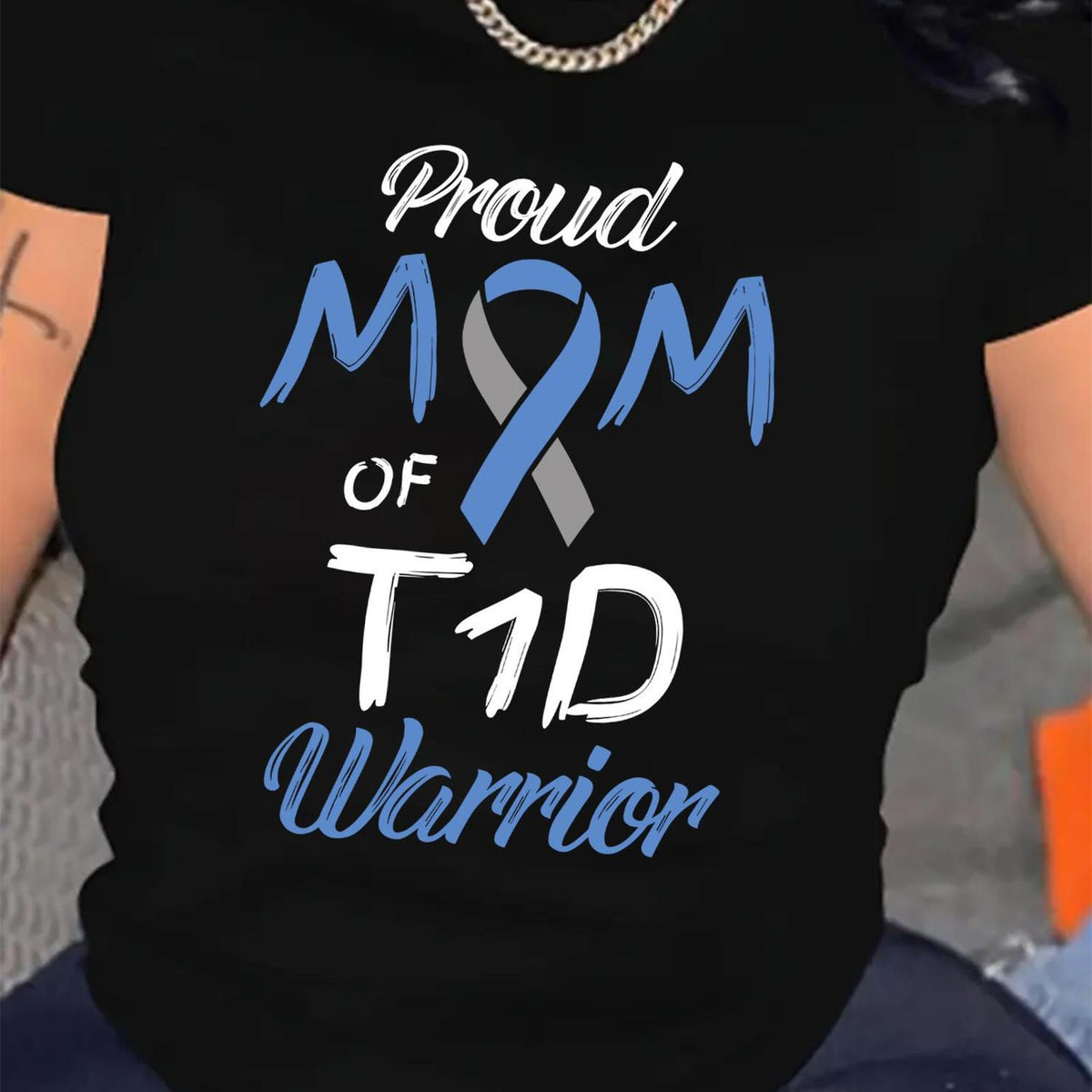 Proud Mom of T1D Warrior Women'S T-Shirt - Type 1 Awareness Ribbon Design, Loose Fit Crew Neck Short Sleeve Top, Comfortable Casual Attire, Sizes (Black) - Supportive Mother of T1D Apparel
