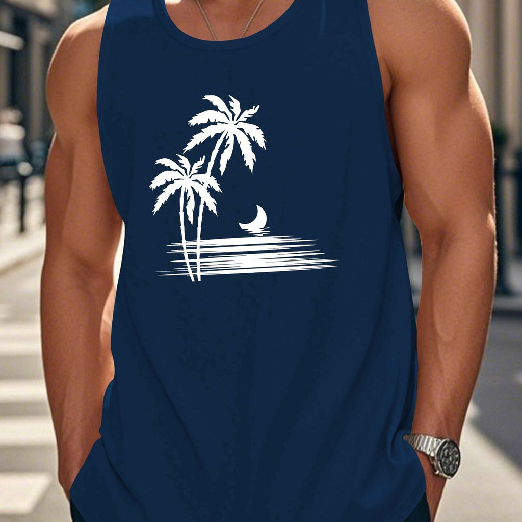 Coconut Tree Moon Men's Casual Summer Vest - Maroon Geometric Palm Tree & Moon Print, Lightweight Breathable Fabric, Regular Fit, Machine Washable, Warm Weather Clothing, Beach Apparel, Tropical Print, Easycare Clothing