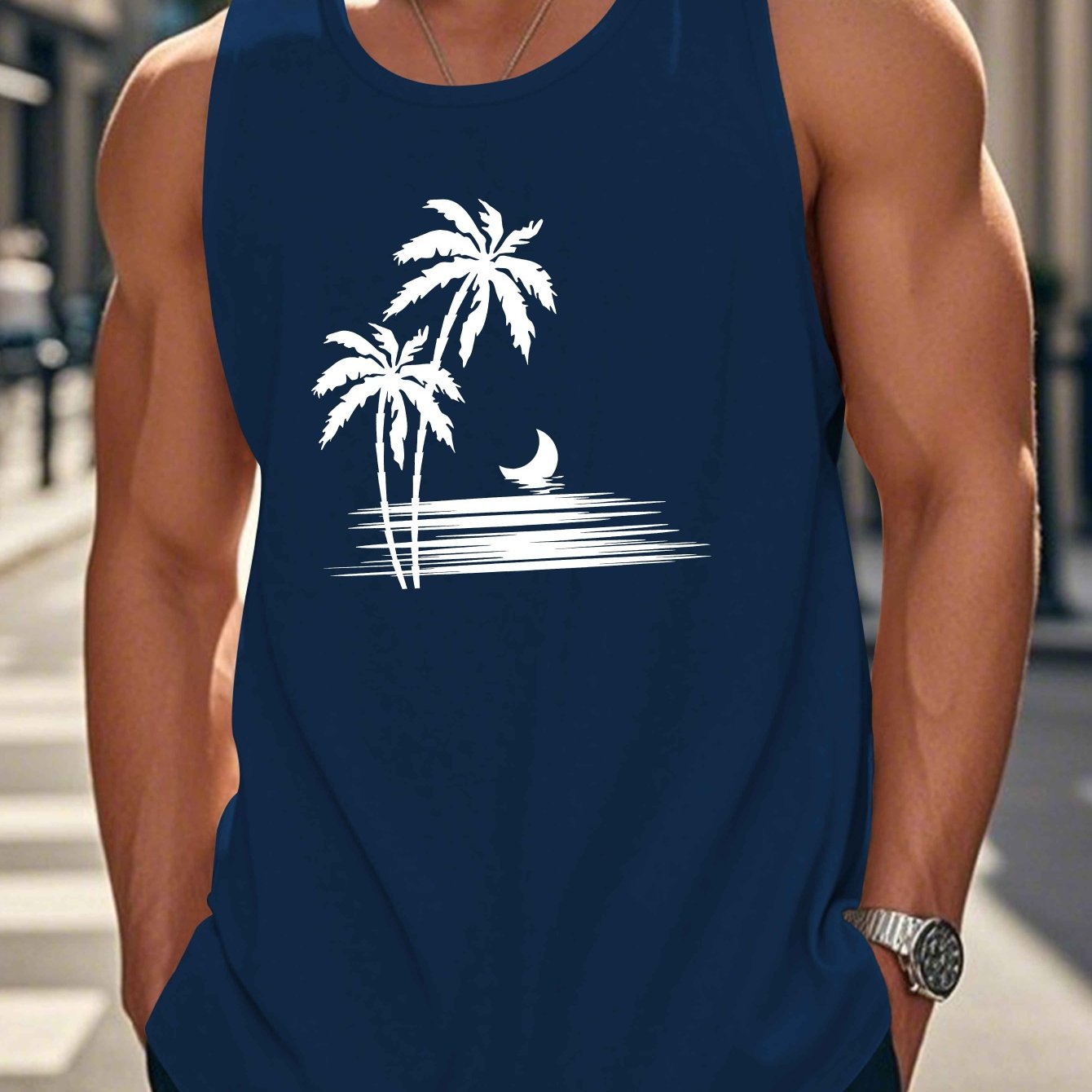 Coconut Tree Moon Men's Casual Summer Vest - Maroon Geometric Palm Tree & Moon Print, Lightweight Breathable Fabric, Regular Fit, Machine Washable, Warm Weather Clothing, Beach Apparel, Tropical Print, Easycare Clothing