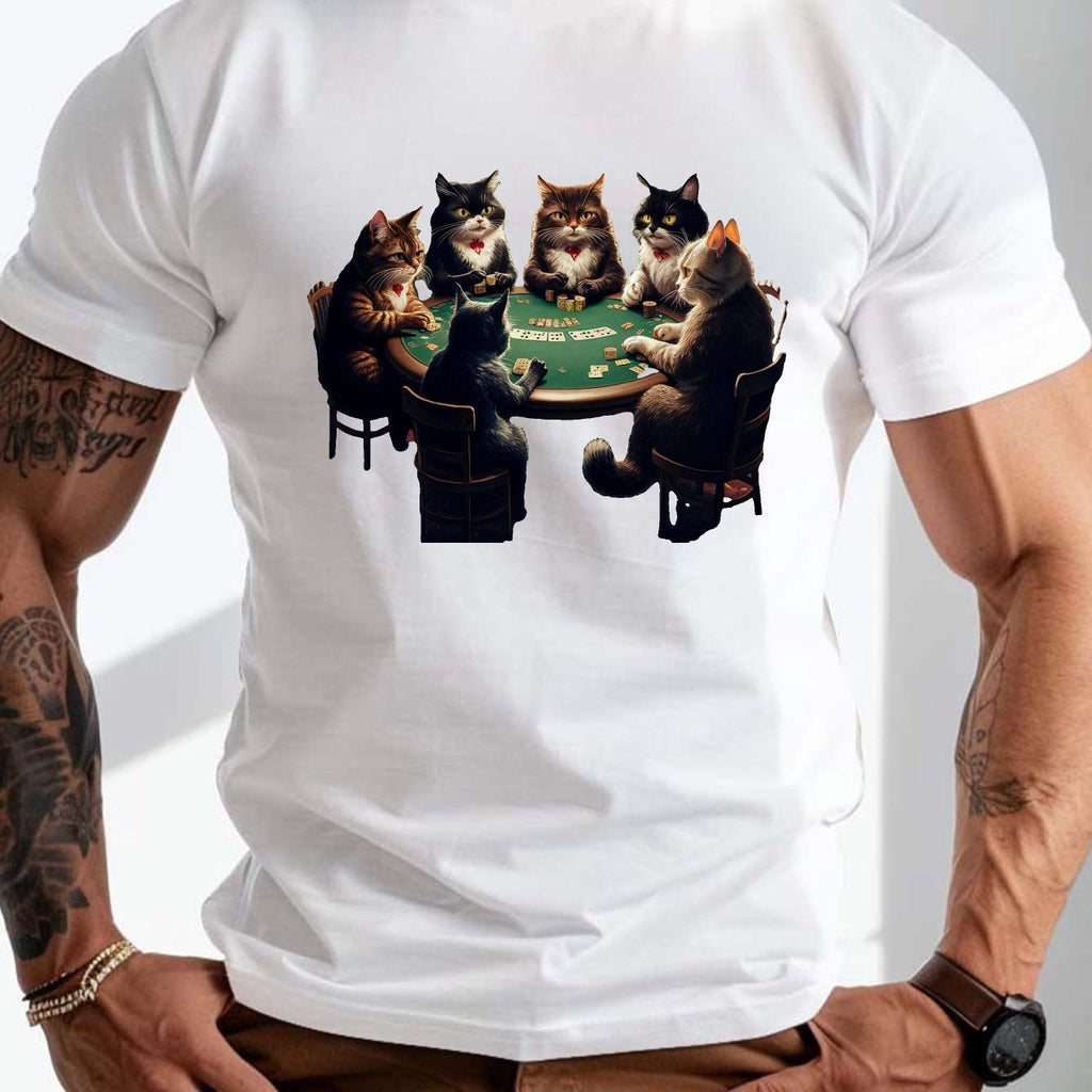 Plus Size Men'S T-Shirt - Playful Anthropomorphic Cats Playing Poker Graphic, Casual Crew Neck, Short Sleeve, Summer Regular Fit Tee, Plus Size Tshirts, PLUS SIZE