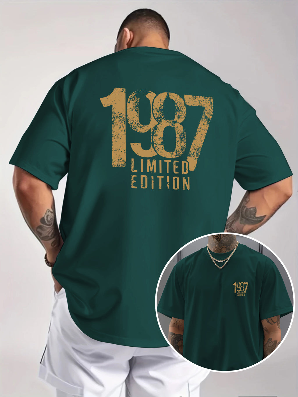 Men'S Trendy Round Neck T-Shirt, Casual Daily Short Sleeve Tee, 1987 Number And Letter Print T-Shirt, As a Gift