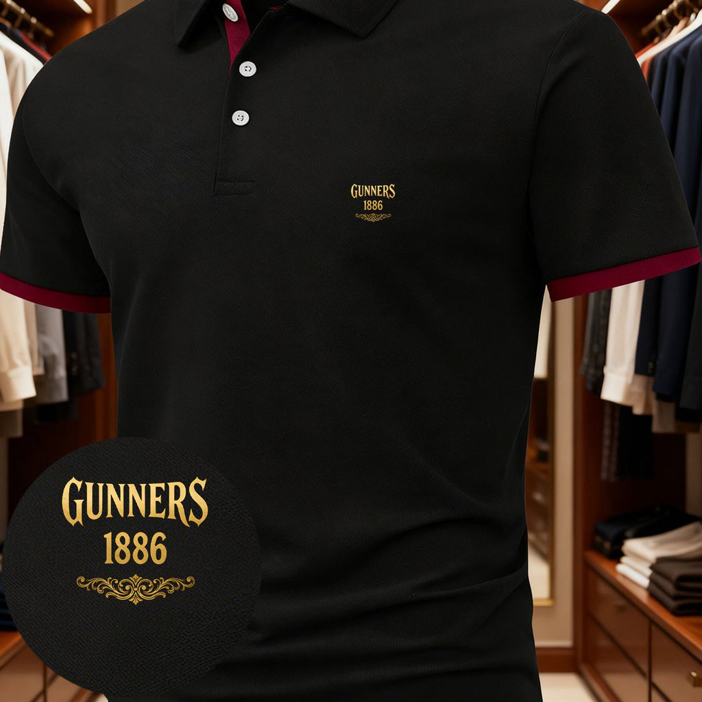 1pc Men'S Unique Creative GUNNERS 1886 English Letter Fashion Design Logo Pattern Print Short Sleeve Shirt, Suitable for All Seasons, Regular Fit Blending European And American Fashion, Showcasing Casual Simplicity