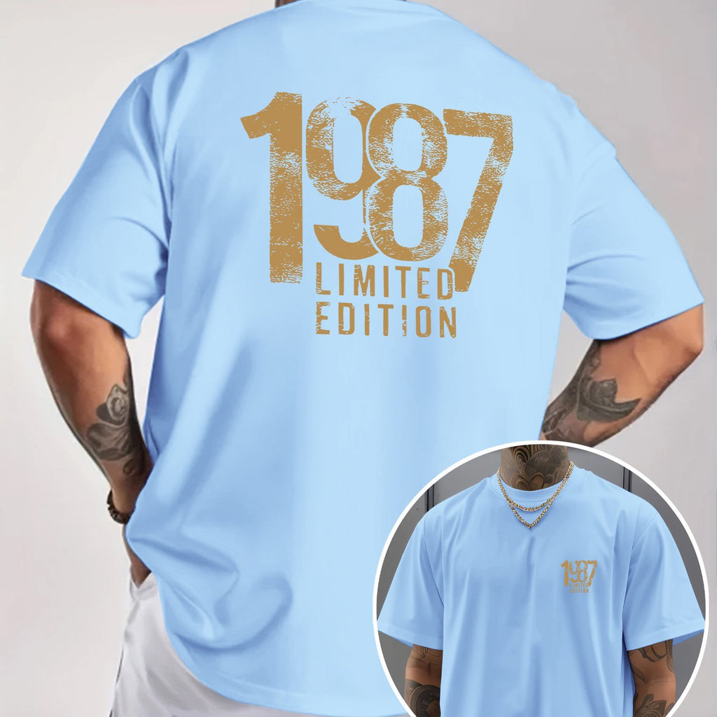 Men'S Trendy Round Neck T-Shirt, Casual Daily Short Sleeve Tee, 1987 Number And Letter Print T-Shirt, As a Gift