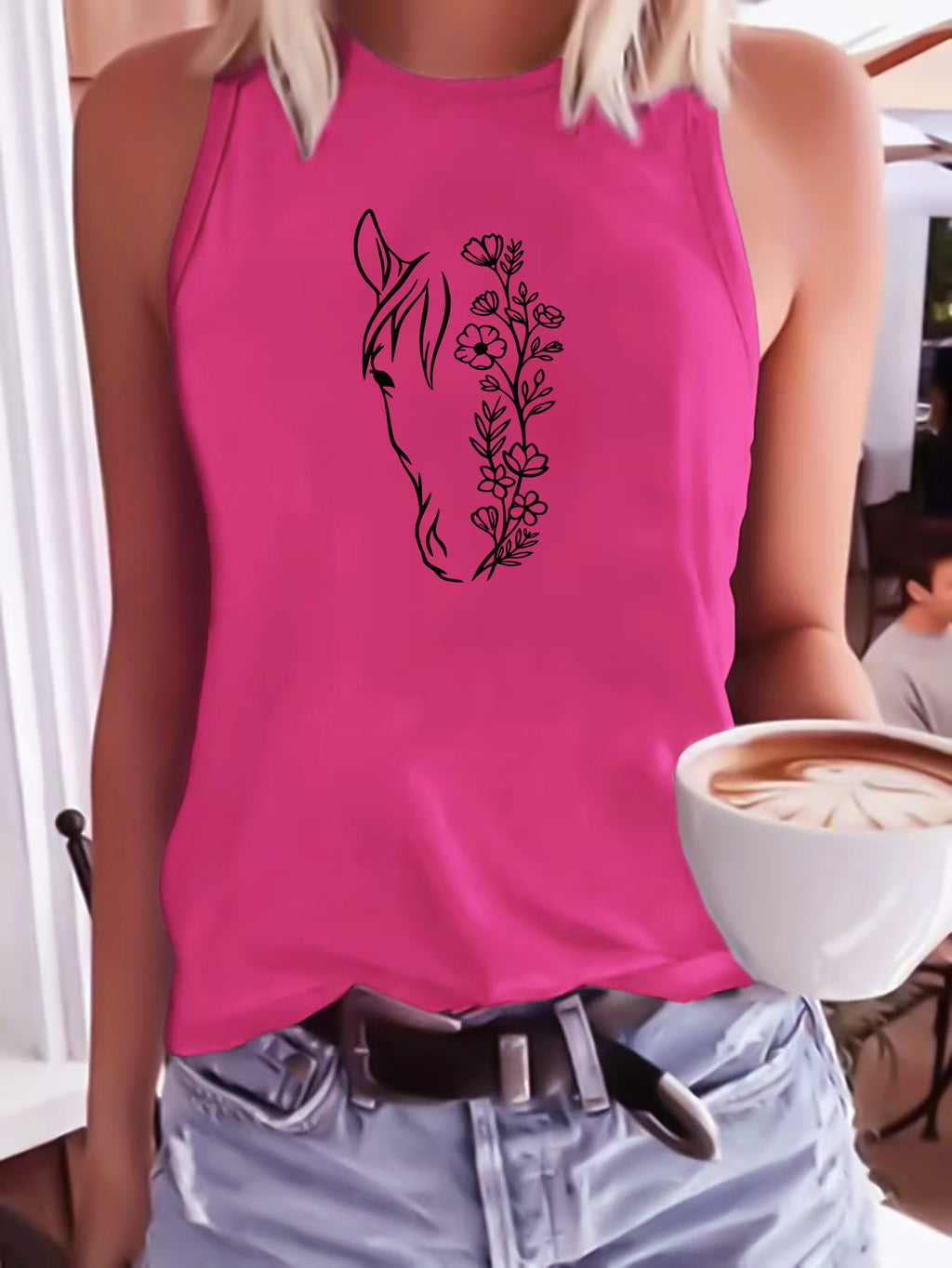 Women's Horse Head Line Art Print Sleeveless Tank Top - Minimalist Cowboy Cactus Sunflower Vest, Round Neck Summer Blouse Top, Machine Washable Casual Streetwear Suitable for Horse Riding & Casual Attire