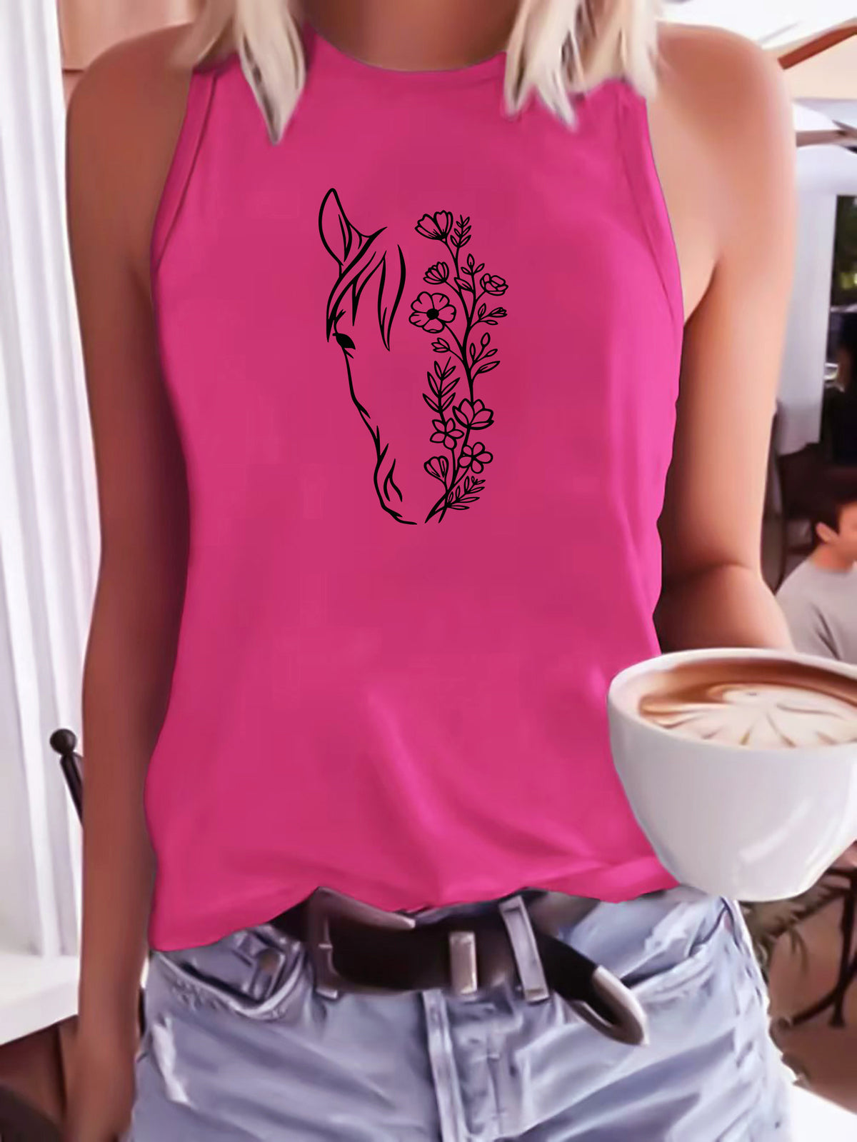 Women's Horse Head Line Art Print Sleeveless Tank Top - Minimalist Cowboy Cactus Sunflower Vest, Round Neck Summer Blouse Top, Machine Washable Casual Streetwear Suitable for Horse Riding & Casual Attire