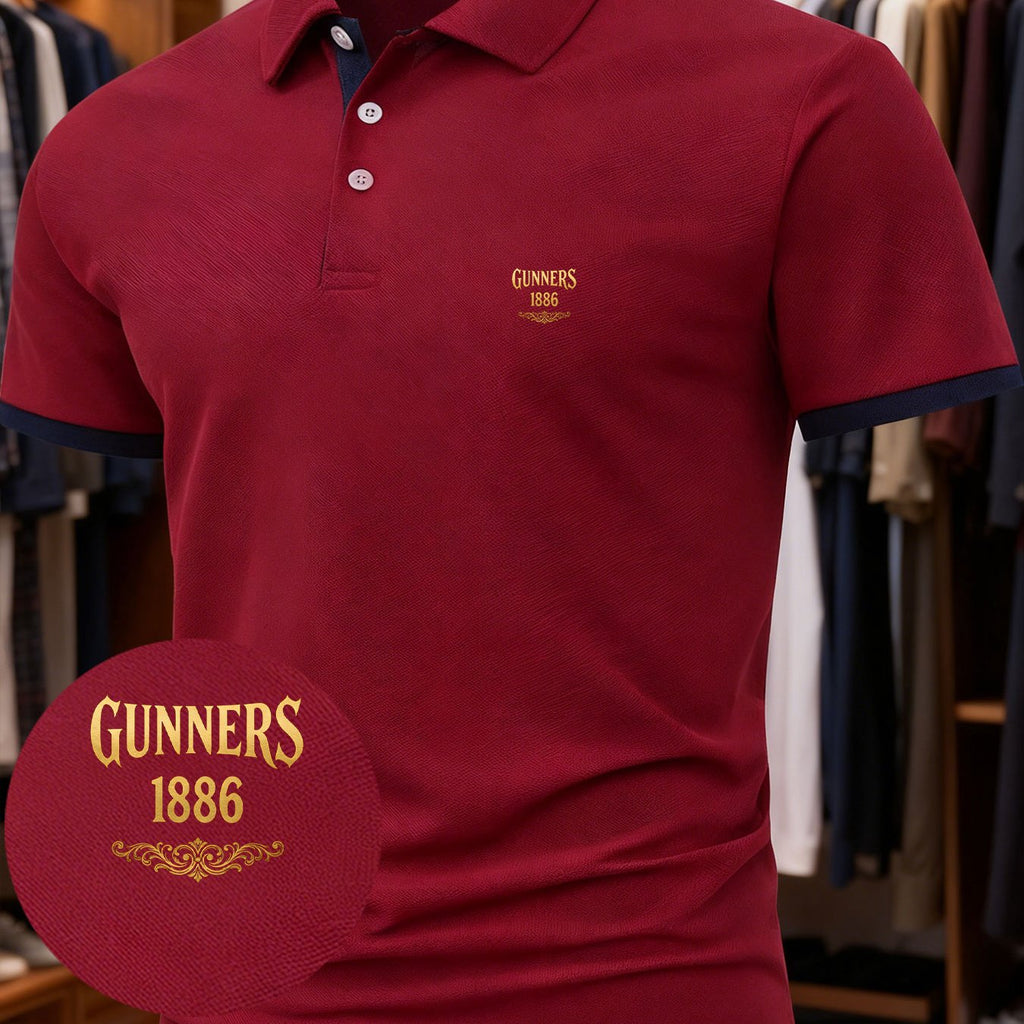 1pc Men'S Unique Creative GUNNERS 1886 English Letter Fashion Design Logo Pattern Print Short Sleeve Shirt, Suitable for All Seasons, Regular Fit Blending European And American Fashion, Showcasing Casual Simplicity