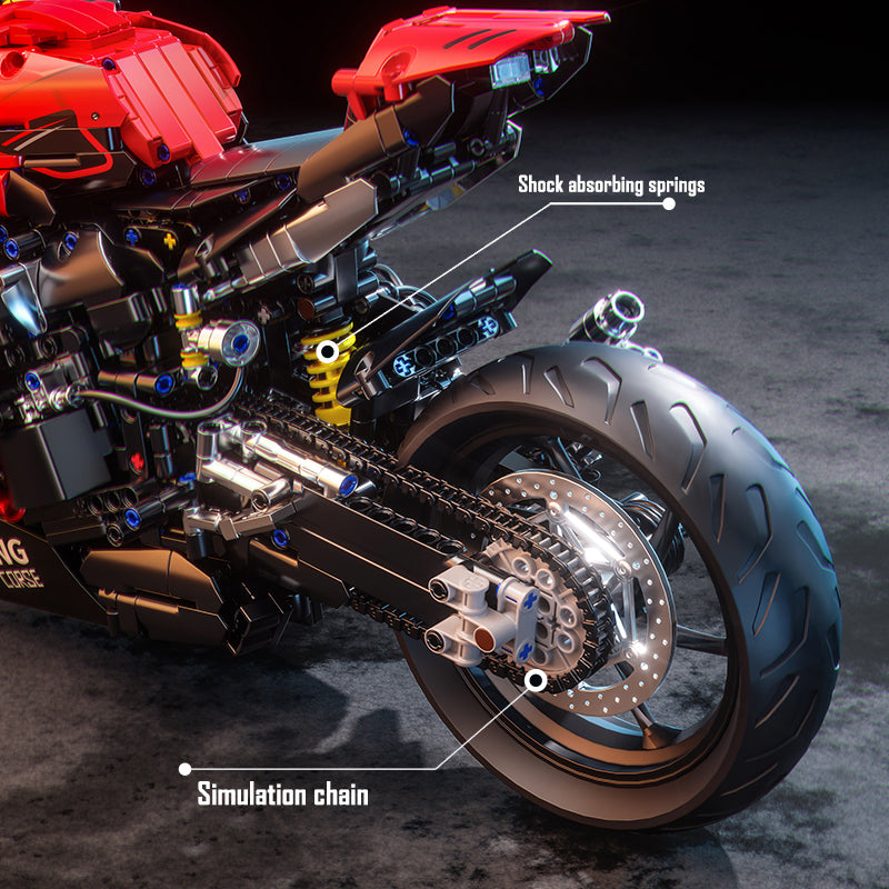 Return of the King! 1:5 super-large proportion of motorcycle building blocks, restore professional racing style, red and black color shows domineering. Precision parts, carefree assembly, for you to create an exclusive mechanical car.