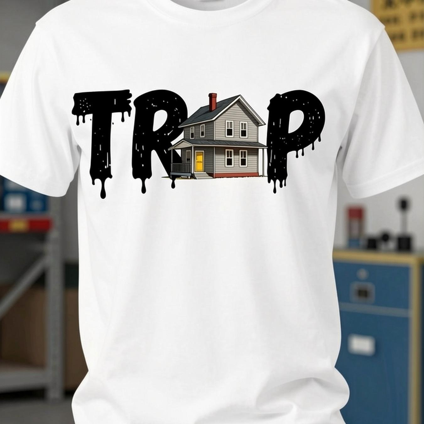 Men's Trap House T-Shirt - Bold TRAP Lettering & House Design Streetwear Tee, Hip-Hop Rap Music Outfit with Urban Crew Neck Top Suitable for Concerts, Festivals, Daily Wear, Machine Washable for Autumn\u002FWinter Season Attire