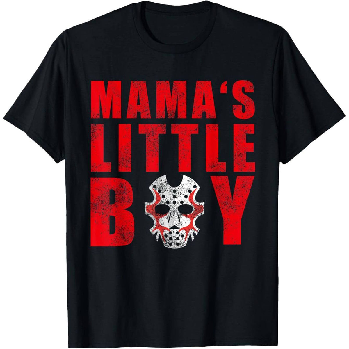 MAMA'S LITTLE BOY T-Shirt - Bold Red Distressed Text with Hockey Mask Detail, Short Sleeve Crew Neck Tee - Trendy Gift for Fans of Horror, Unique Graphic Design for Everyday Wear, Ideal for Birthdays, Holidays, or Casual Outings