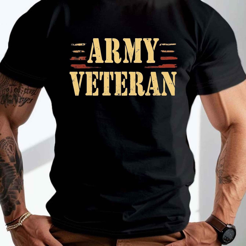 Men's & Women's Military Veteran T-Shirt - Black with Yellow-Orange Veteran Print, Micro-Stretch Fabric Suitable for Summer Wear, Casual Crew Neck Short Sleeve Tee, Unisex Apparel for Veterans Day Events & Everyday