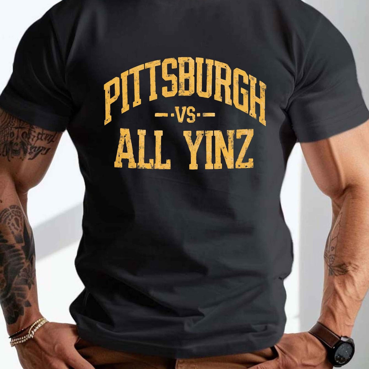 DO IT PITTSBURGH ALL YINZ Crinkle T-Shirt for Men - Plus Size Casual Summer Shirt with Pittsburgh Slang, Round Neck & Crinkle Texture, Machine Washable Urban Streetwear, PLUS SIZE