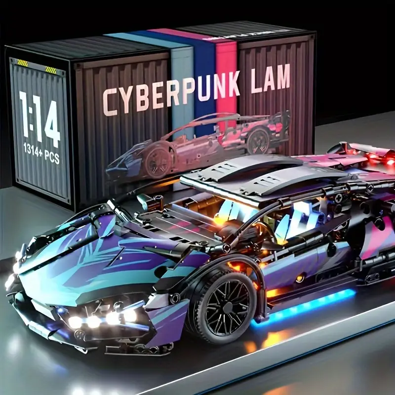 1:14 Cyberpunk sports car building blocks! 1314+ PCS precision component assembly, mechanical structure details are fully utilized, and the futuristic shape embodies the cool cyberpunk aesthetic.