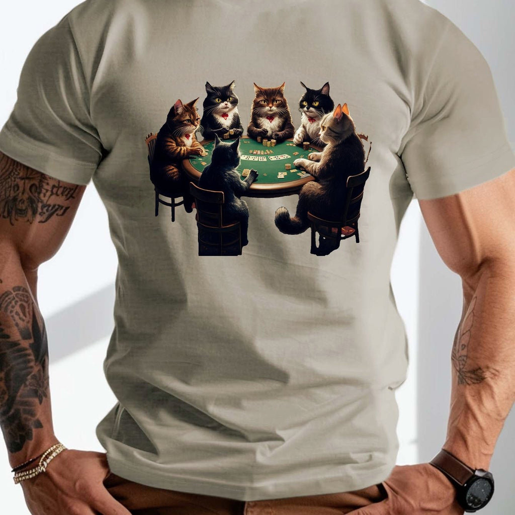 Plus Size Men'S T-Shirt - Playful Anthropomorphic Cats Playing Poker Graphic, Casual Crew Neck, Short Sleeve, Summer Regular Fit Tee, Plus Size Tshirts, PLUS SIZE