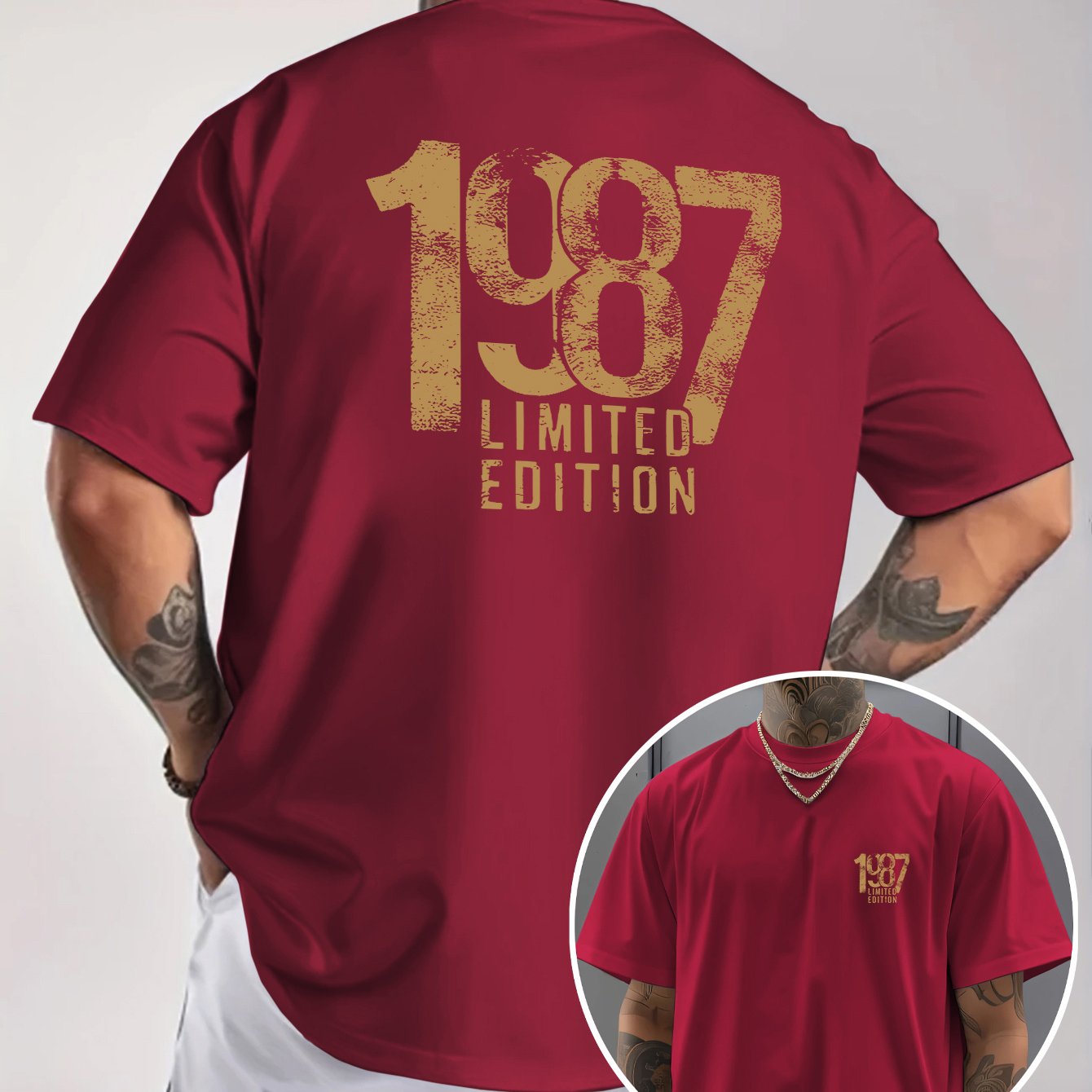Men'S Trendy Round Neck T-Shirt, Casual Daily Short Sleeve Tee, 1987 Number And Letter Print T-Shirt, As a Gift