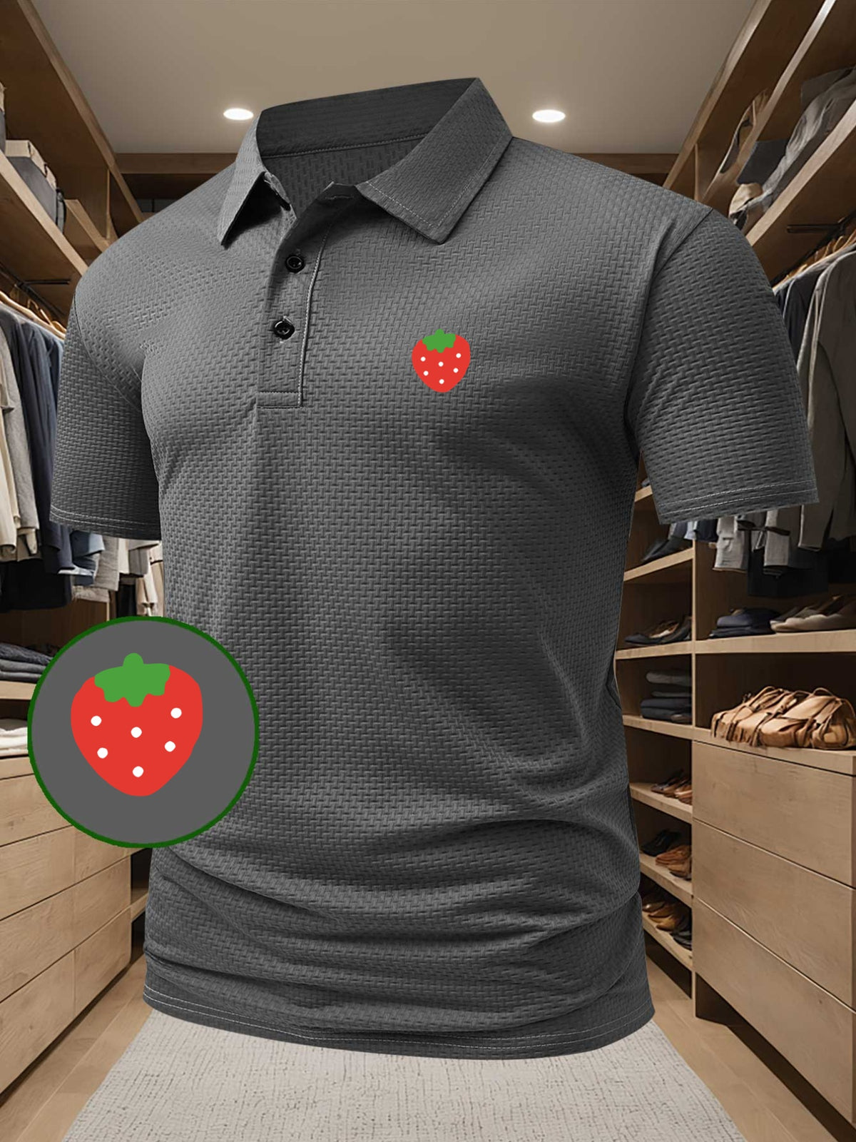 High-quality Men's Casual Polo Shirt with Strawberry Pattern Print, Sweat-wicking and Quick-drying Short-sleeve Top. Combines the Style of a T-shirt, Ideal for Gifting, Suitable for Both Business and Casual Wear