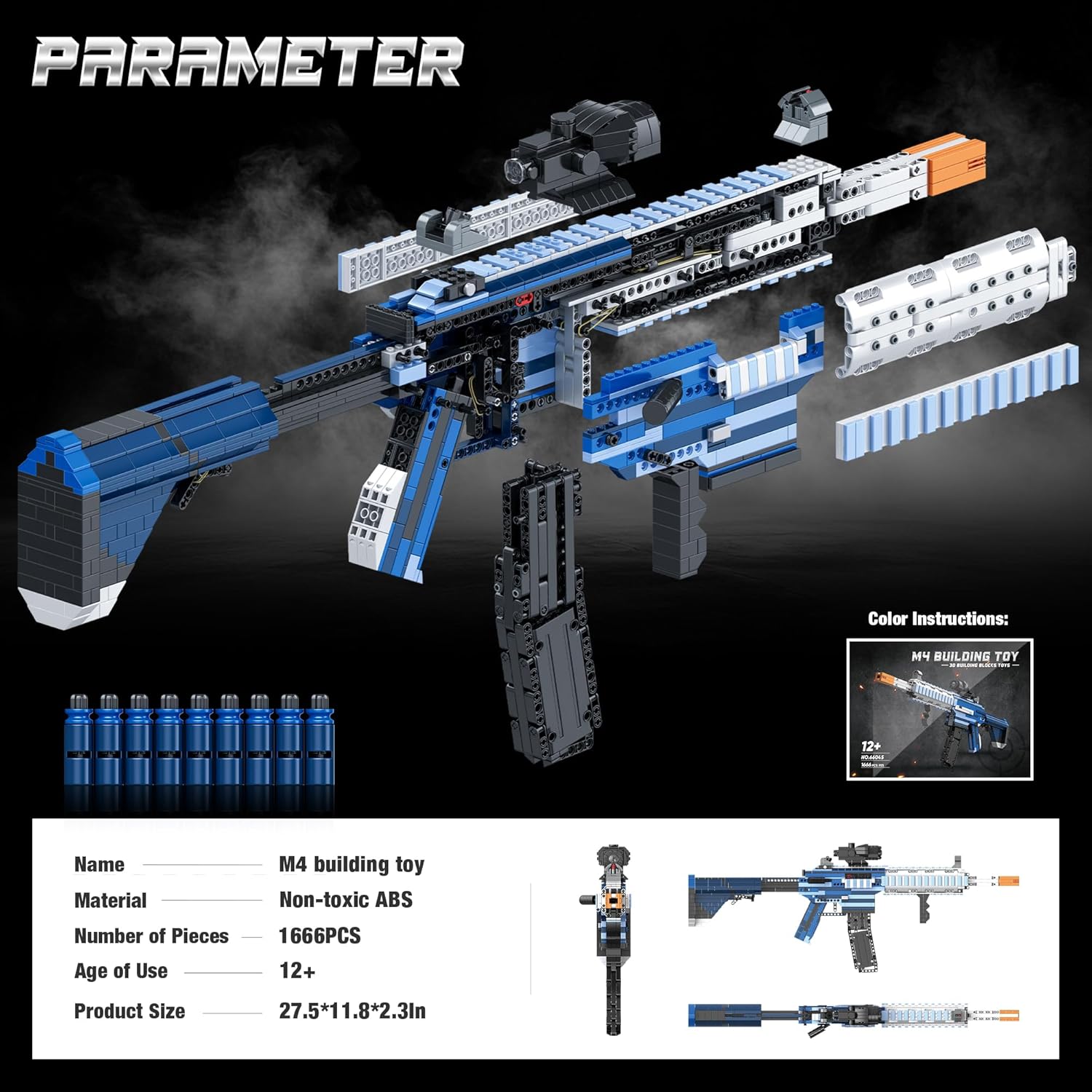 Fluorspar blaster Building Block Gun for Adults, 1: 1 M416 Model Gun That Shoot Educational Toys DIY Assembling Building Toys Set for Boys Age 14+, Collectible Gift for Toy Lovers, 1666Pcs
