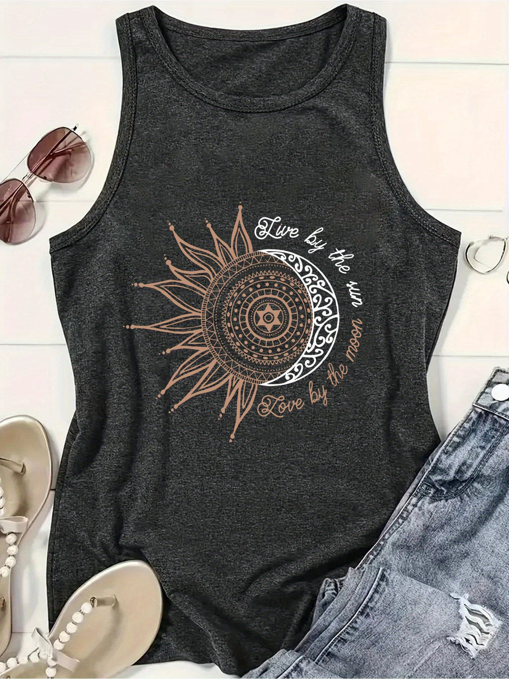 Women's  Cartoon Moon Print Hurdle Vest, Casual Crew Neck Sleeveless, Spring\u002Fsummer, Women's Fashion Vest