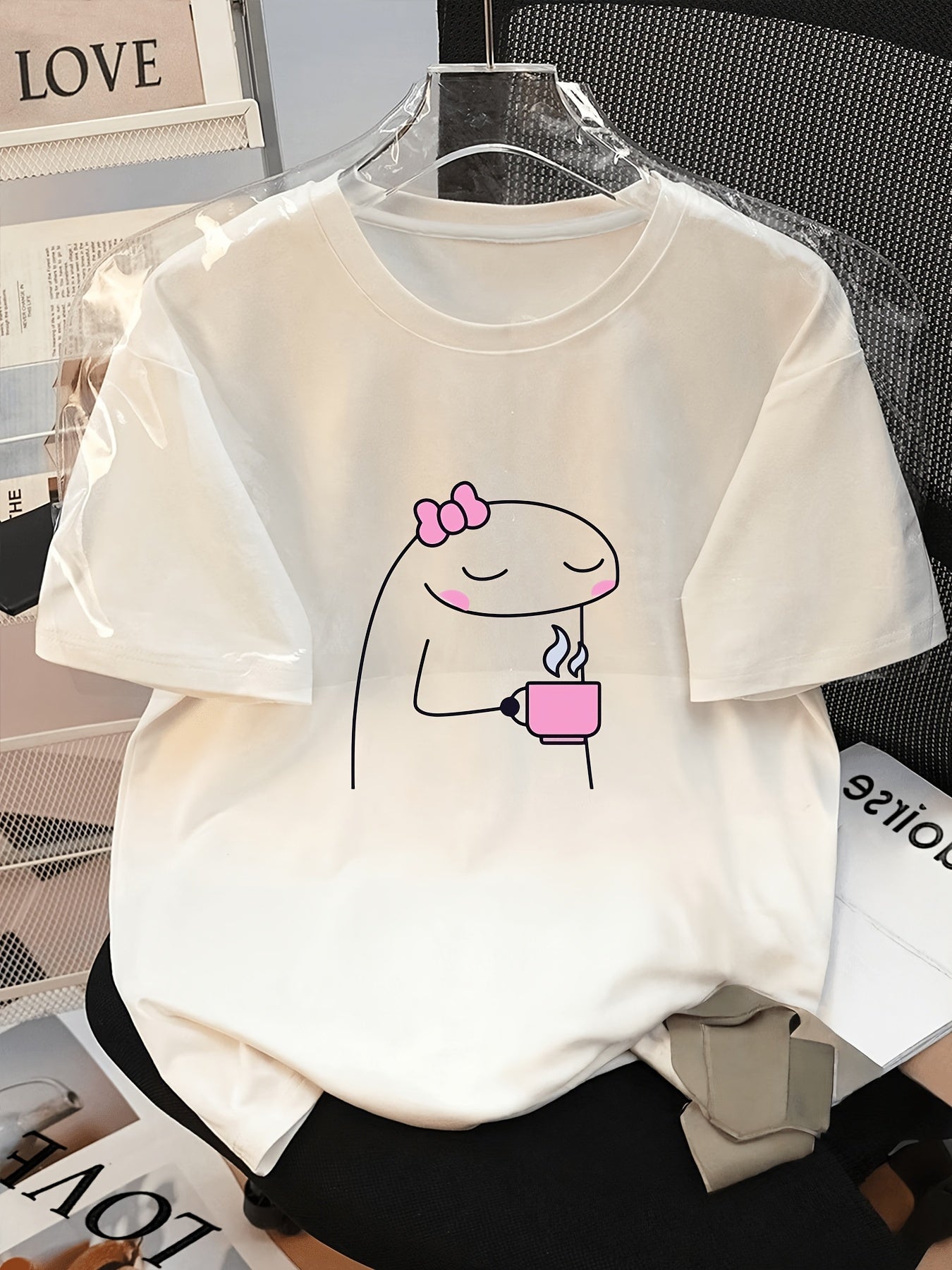 Unisex Flork Coffee Print T-Shirt - Soft and Casual Short Sleeve Crew Neck with Simple Flork Design, Suitable for Fitness, Training, and Daily Wear - Machine Washable Spring, Summer, and Autumn Apparel, A Choice for Coffee Lovers