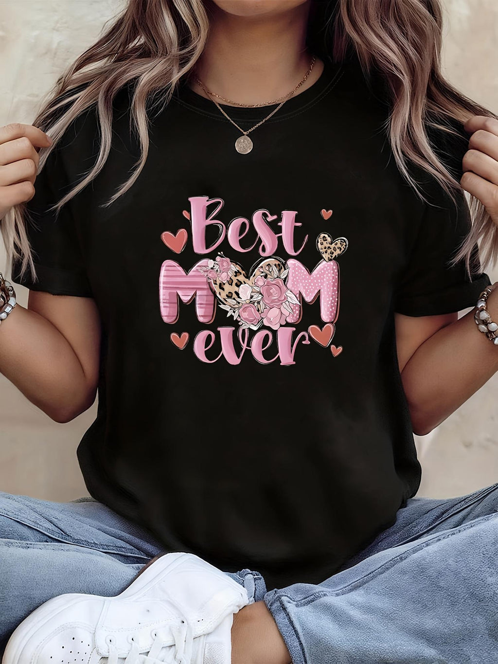 - Best MOM Ever Pink Heart Floral Mom Praise Letter Print Women's T-Shirt, Short Sleeve Crew Neck Casual Top for Summer Spring, Women's Clothing