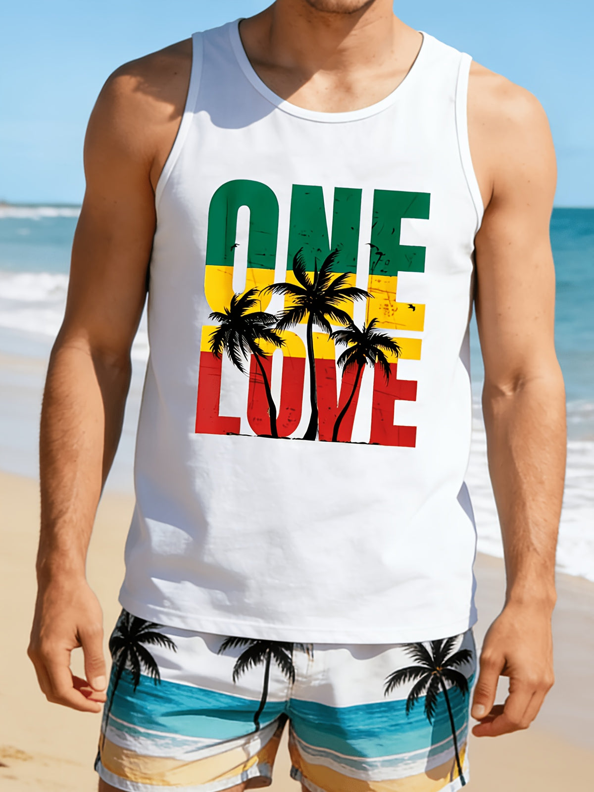 A Men'S Sleeveless Beach Print Round Neck Top, Suitable for Casual Vacations And Sports Workouts, Machine Washable