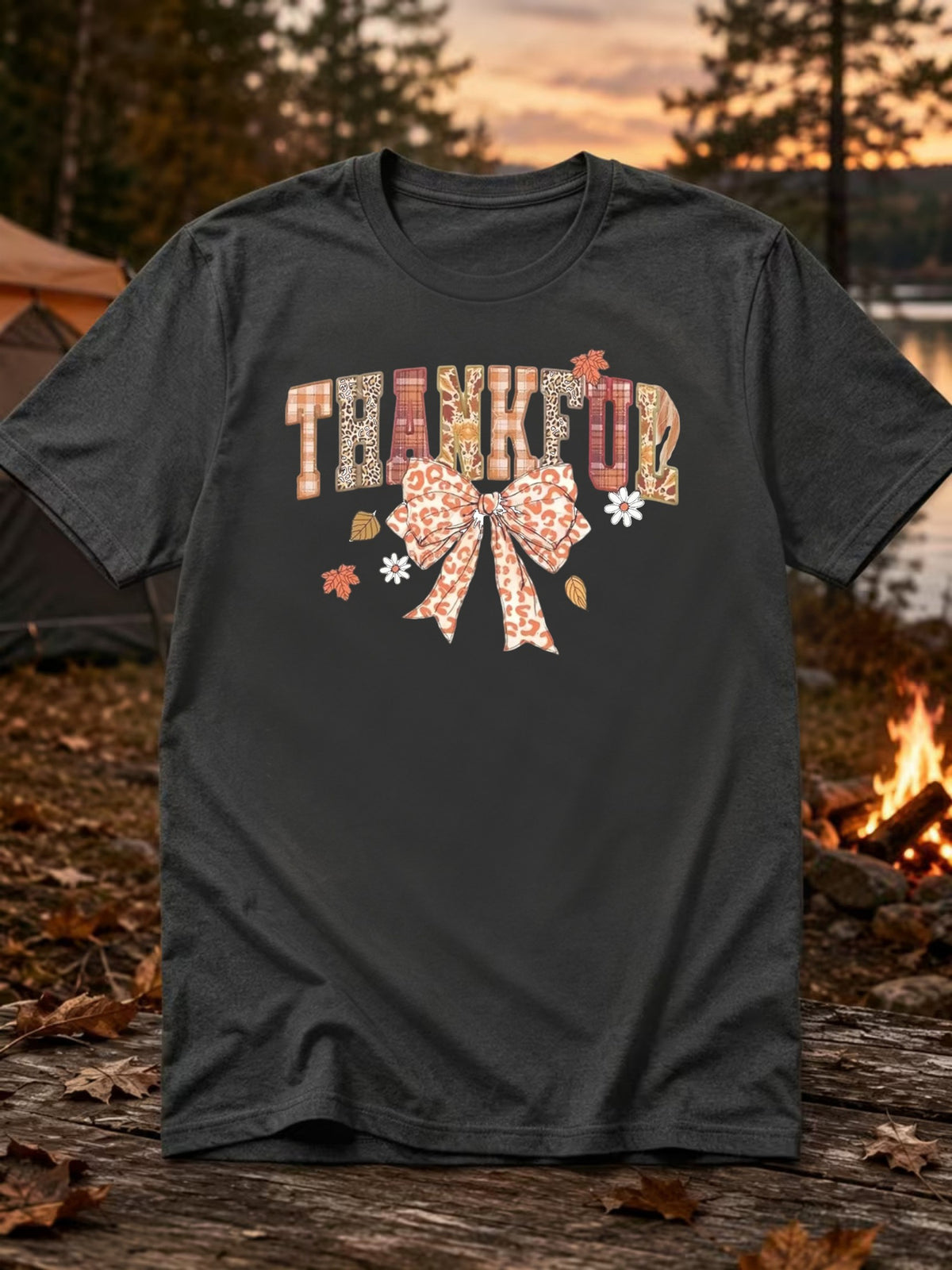 Men's Thanksgiving Pattern T Shirt Autumn Harvest Print with Leopard Bow And Floral Decoration Casual Round Neck Short Sleeve Machine Washable Regular Fit Essential for Autumn And Holidays